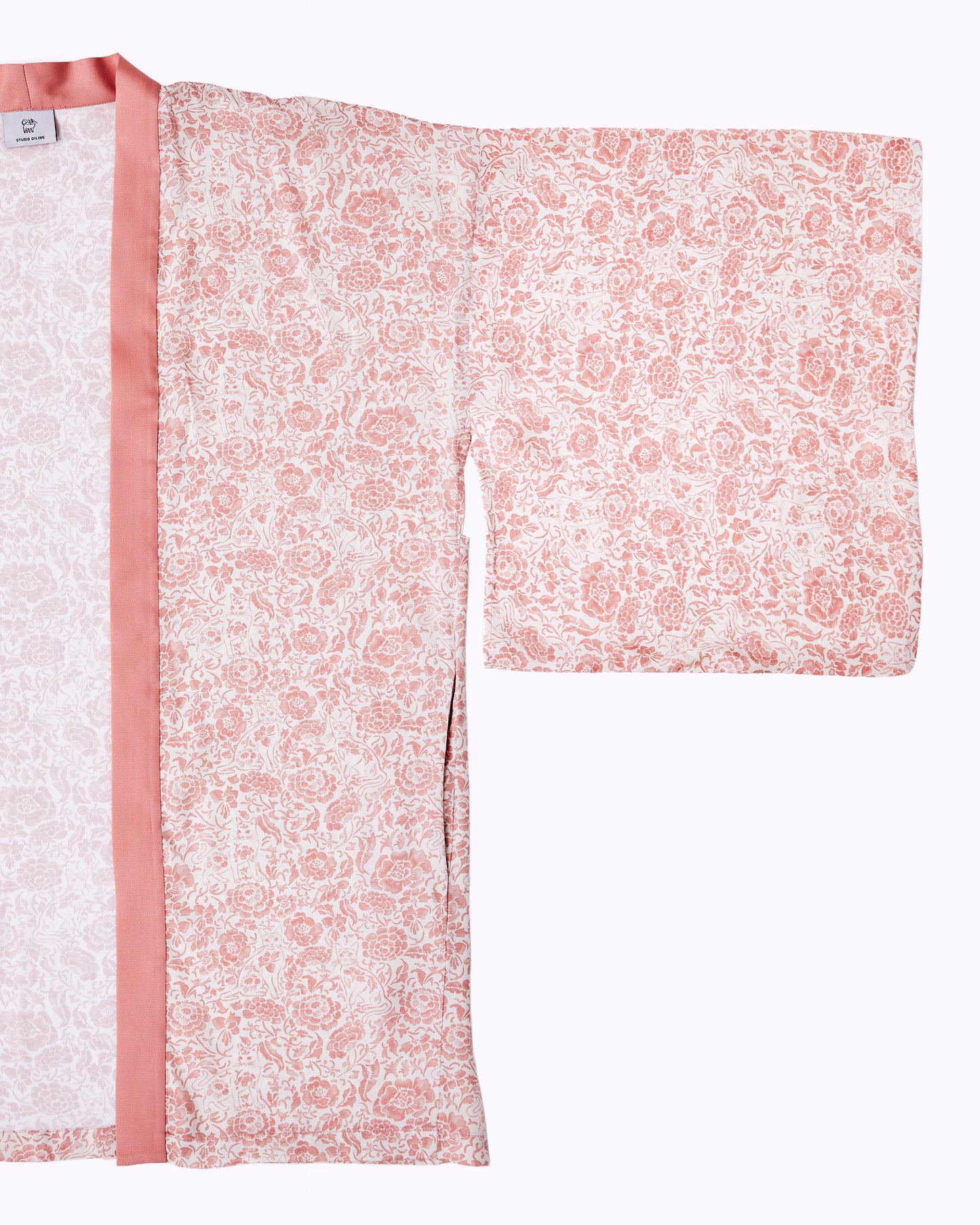 Porcelain Cat Tearose silk blend kimono laid flat — Studio Qiling hand-drawn Peranakan print luxury kimono jacket Singapore