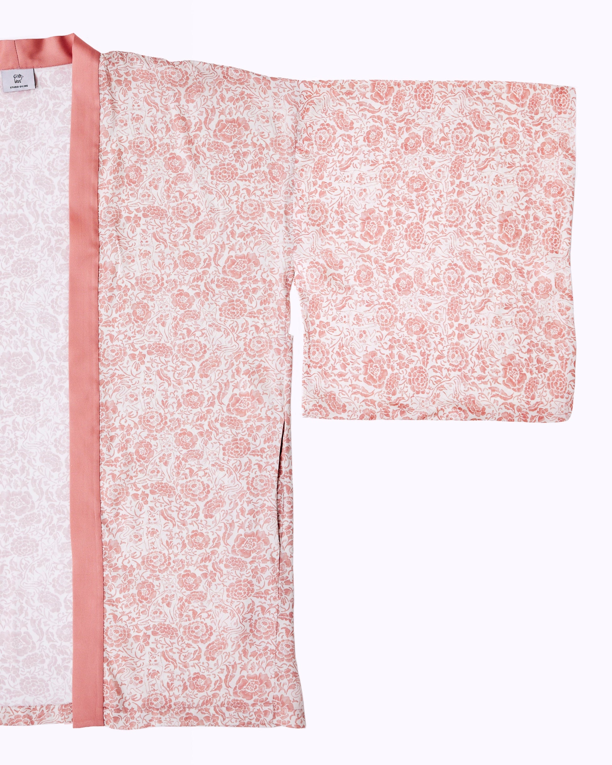 Porcelain Cat Tearose silk blend kimono laid flat — Studio Qiling hand-drawn Peranakan print luxury kimono jacket Singapore
