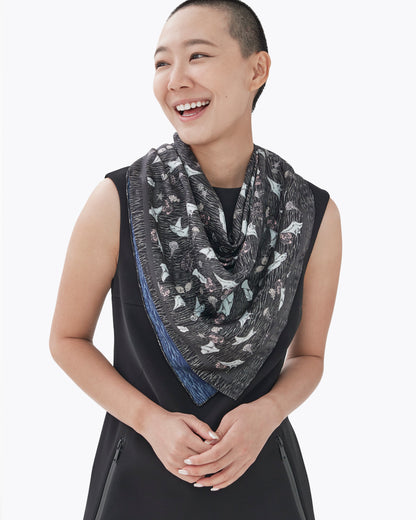 Pura Vida double-sided 100cm silk scarf with hand-drawn Pure Life theme by actress Julie Tan — Studio Qiling Singapore