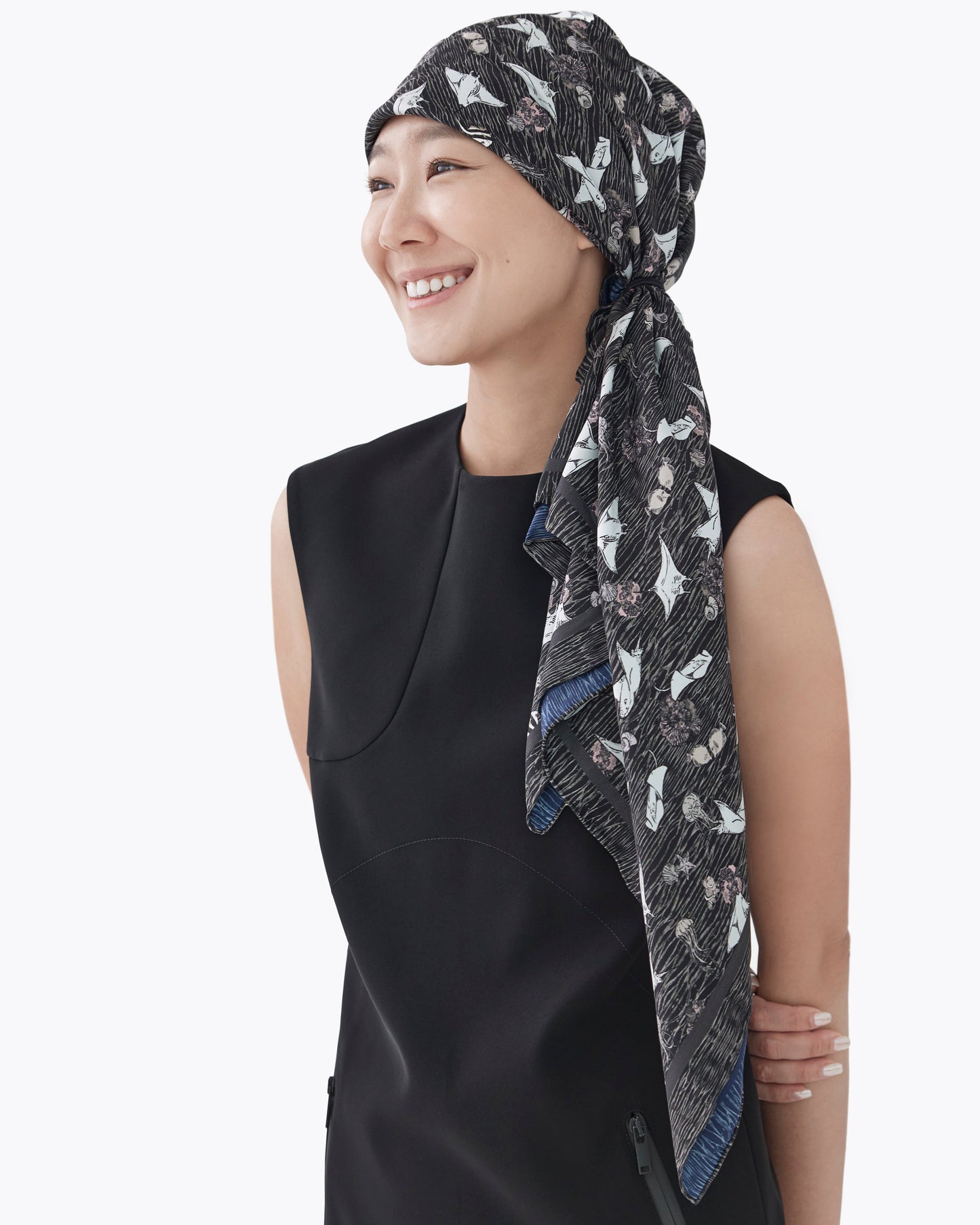 Pura Vida double-sided silk scarf styled as a top — Studio Qiling x Julie Tan hand-drawn luxury wearable art scarf Singapore