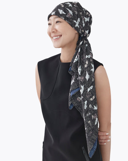 Pura Vida double-sided silk scarf styled as a top — Studio Qiling x Julie Tan hand-drawn luxury wearable art scarf Singapore