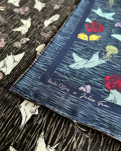 Pura Vida double-sided silk scarf laid flat — Studio Qiling x Julie Tan hand-drawn luxury square scarf Singapore