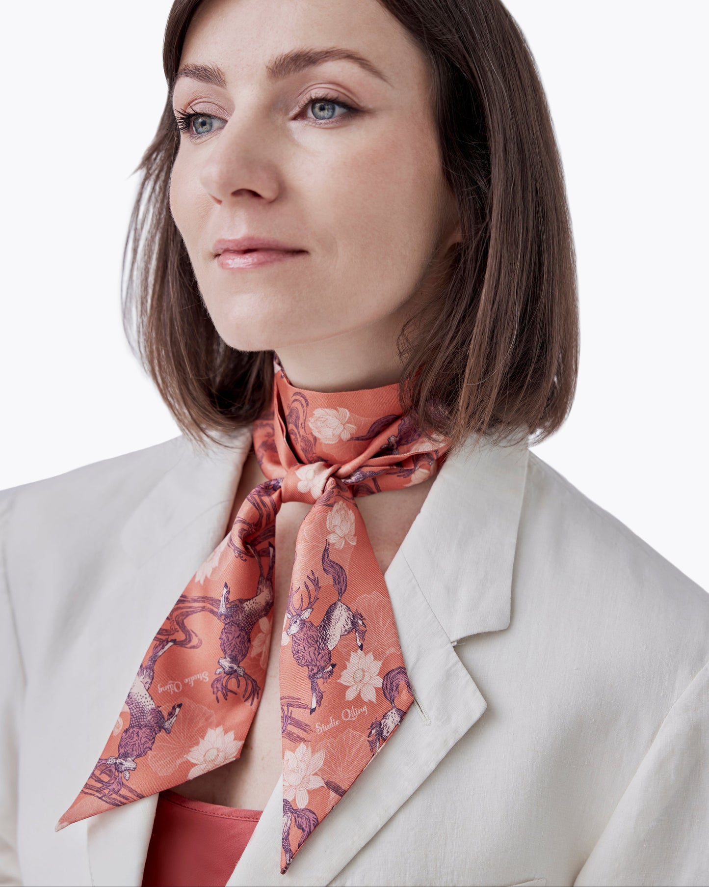 Qiling Mauve silk bandeau with hand-drawn Qilin mythical creature among lotus blooms — Studio Qiling luxury silk hair scarf Singapore