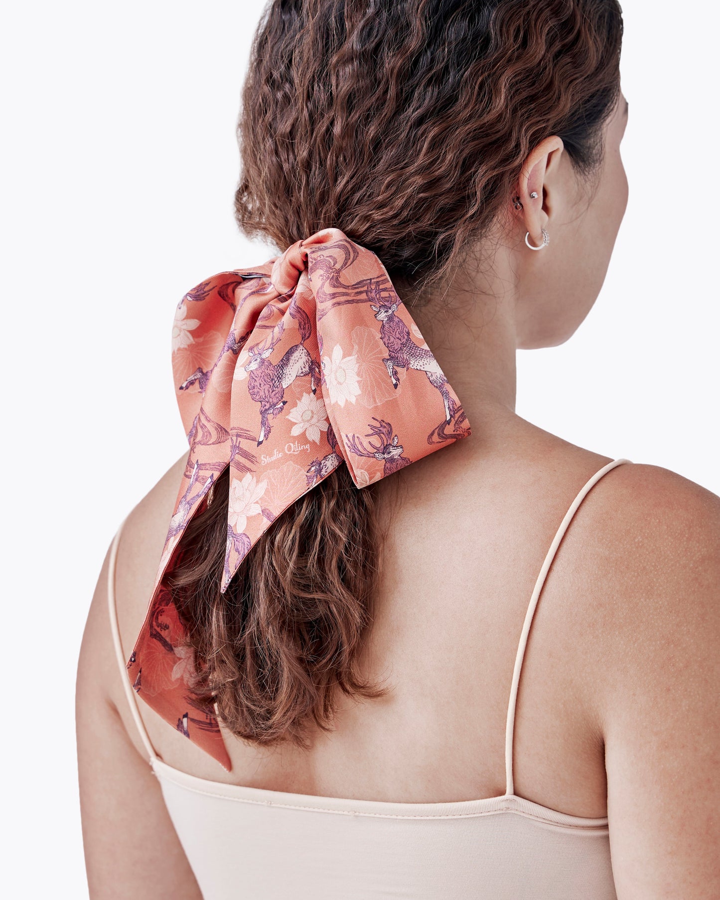 Qiling Mauve silk bandeau styled as a neck scarf — Studio Qiling wearable art Qilin print luxury silk bandeau Singapore