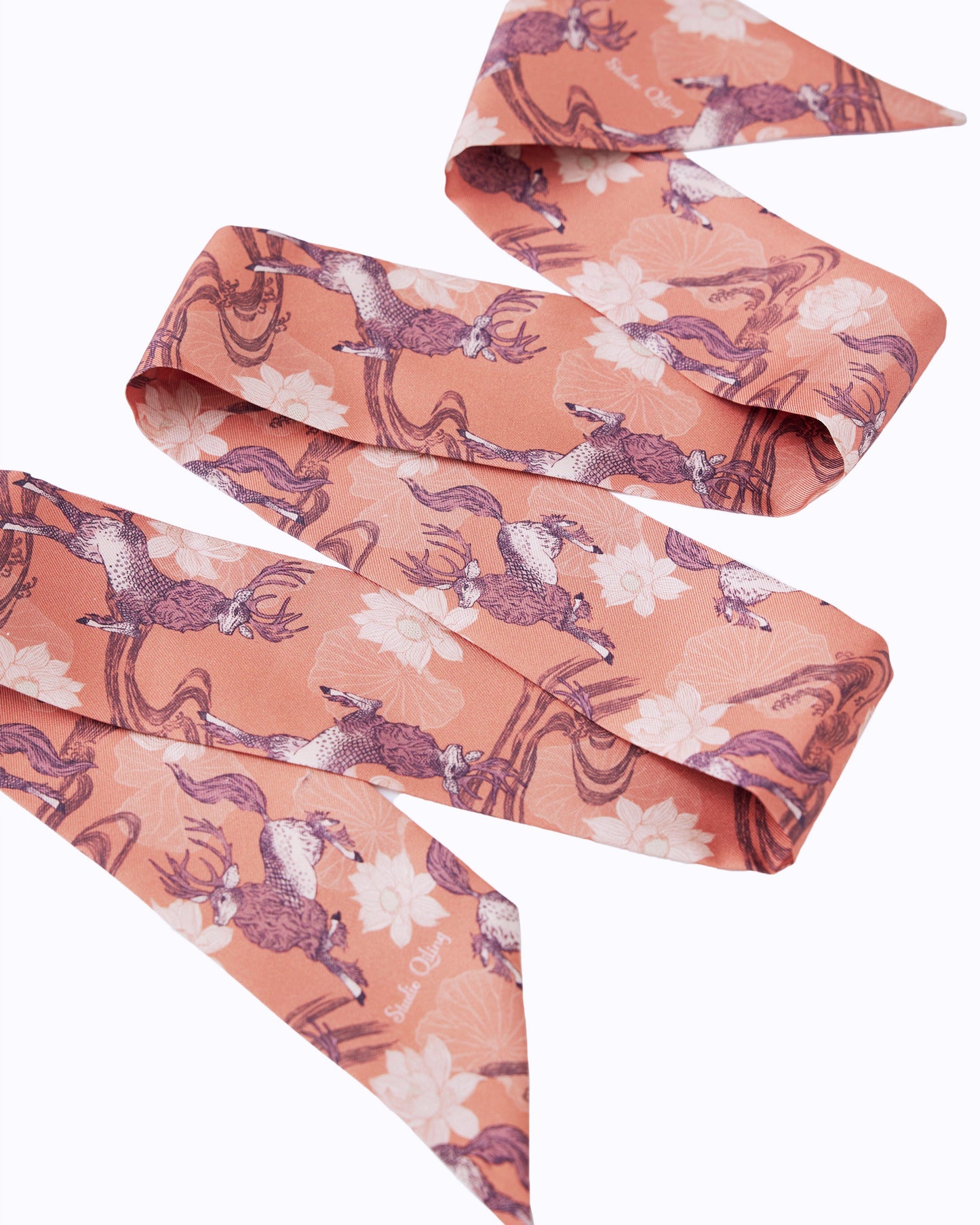 Qiling Mauve silk bandeau laid flat — Studio Qiling hand-drawn Qilin mythical creature luxury silk hair accessory Singapore