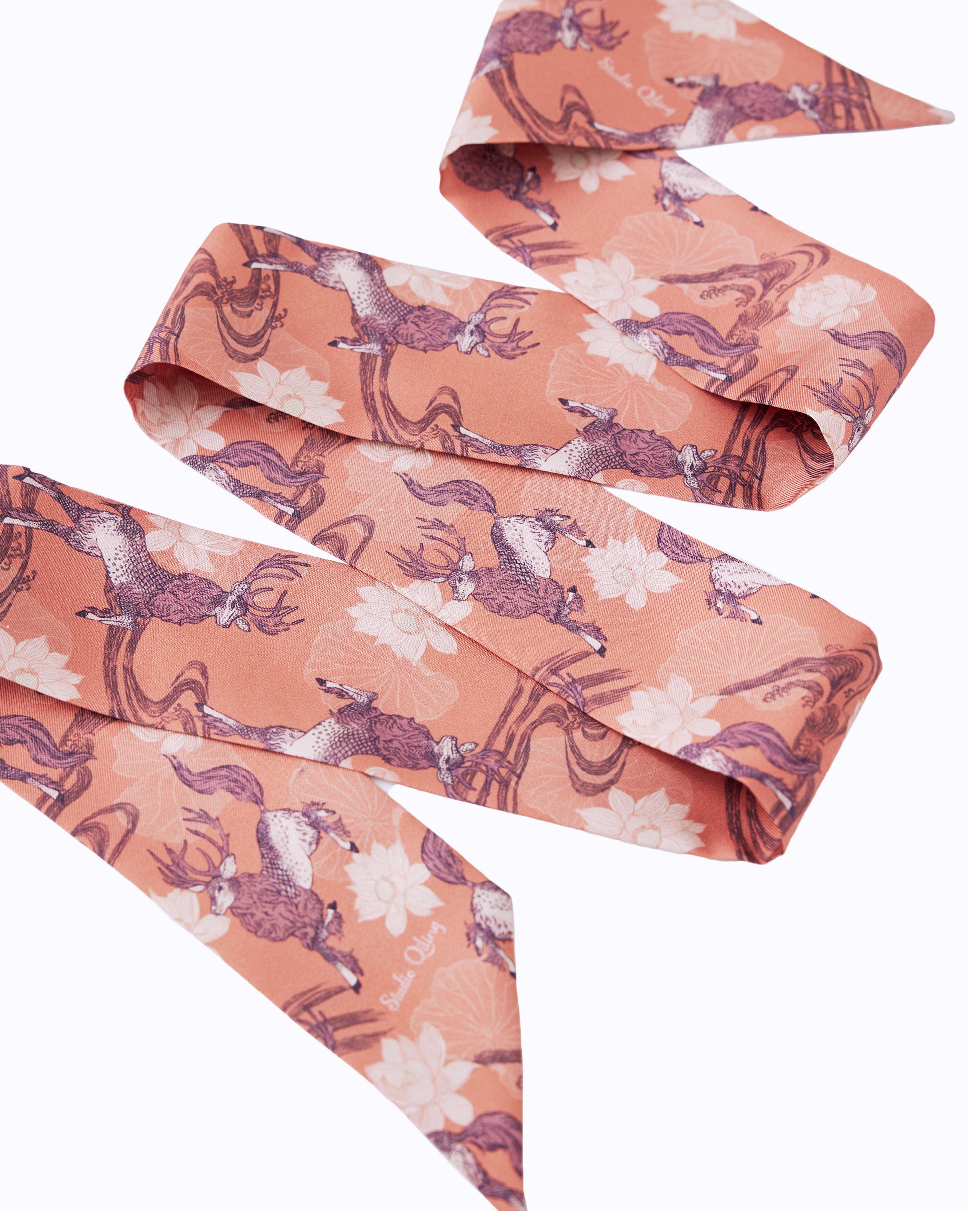 Qiling Mauve silk bandeau laid flat — Studio Qiling hand-drawn Qilin mythical creature luxury silk hair accessory Singapore
