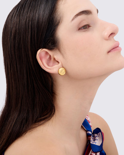 Qiling Pebble gold stud earrings worn — Studio Qiling luxury mythical creature jewellery Singapore