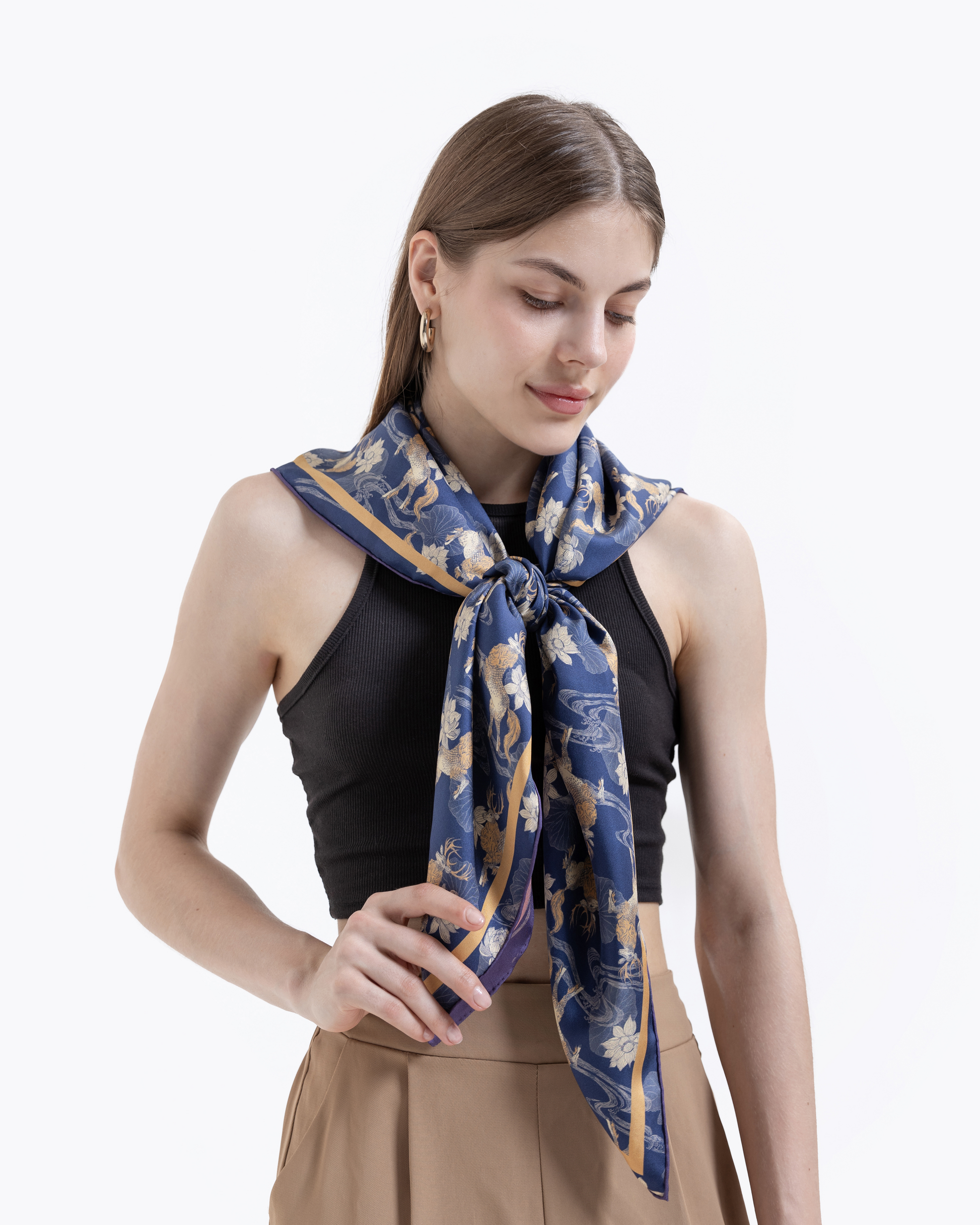 Close-up of Qilin mythical creature hand-drawn print on reversible silk scarf — Studio Qiling Singapore designer luxury scarf