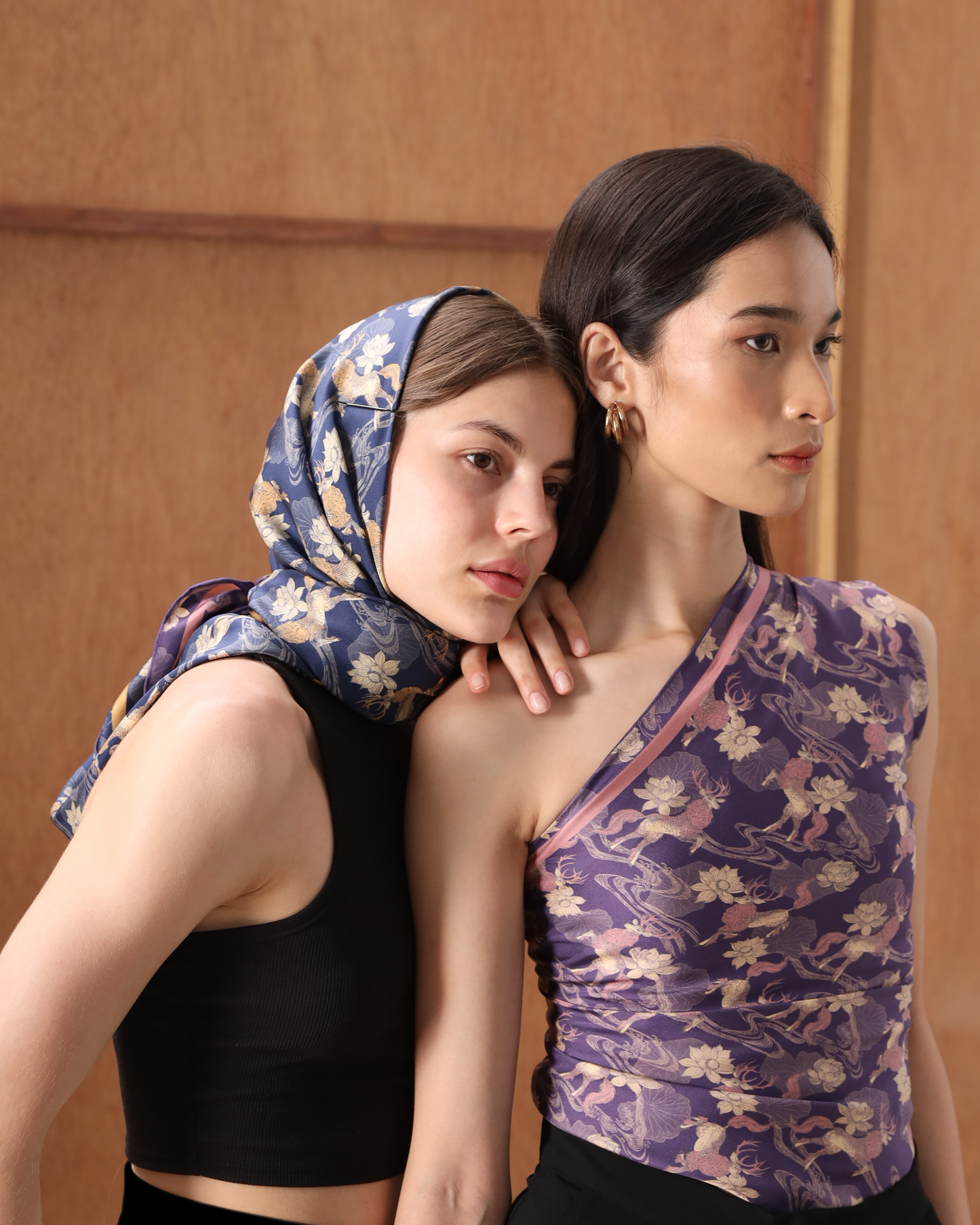 Woman wearing Qiling Regal Twilight double-sided silk scarf — Studio Qiling wearable art luxury scarf Singapore