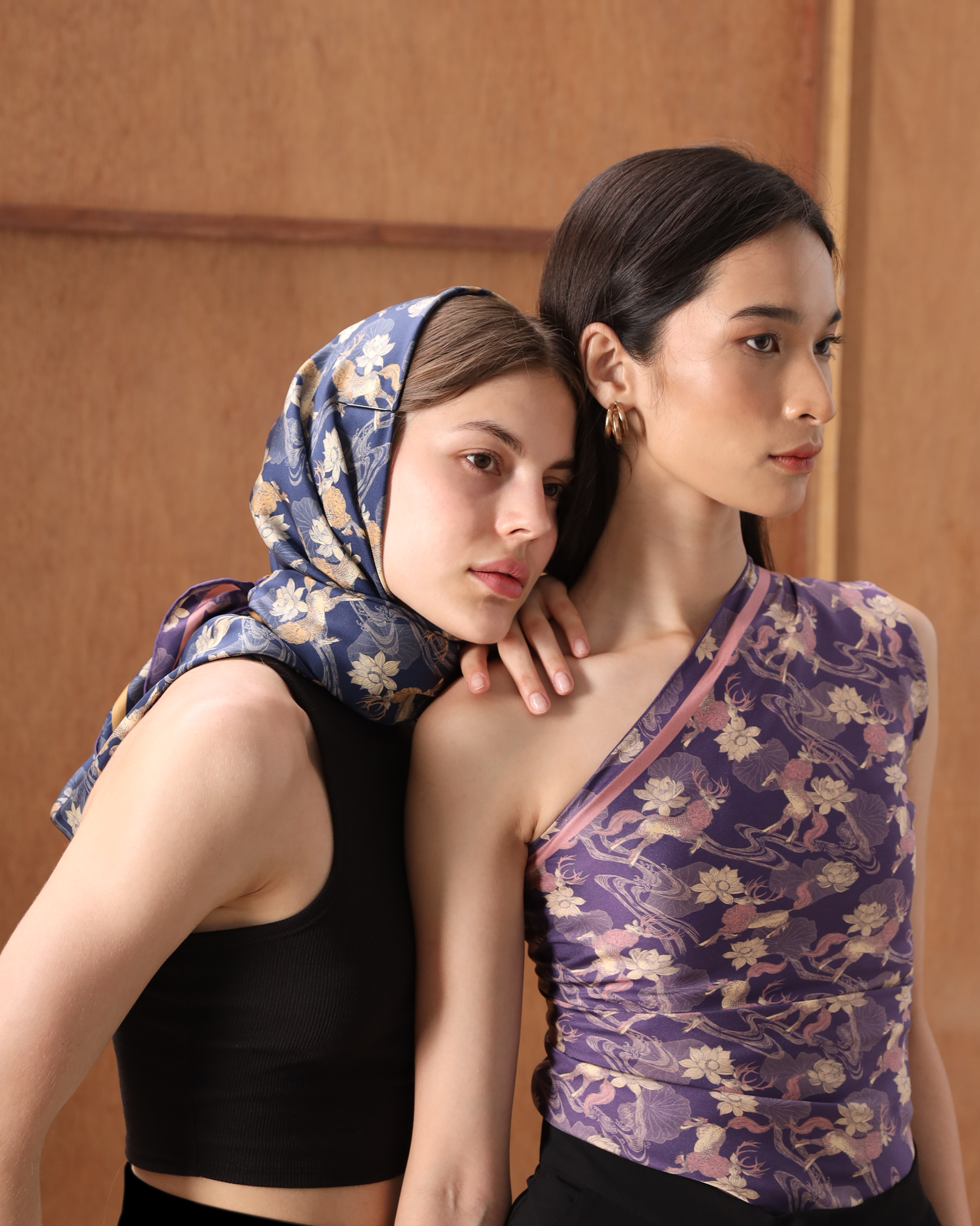 Woman wearing Qiling Regal Twilight double-sided silk scarf — Studio Qiling wearable art luxury scarf Singapore
