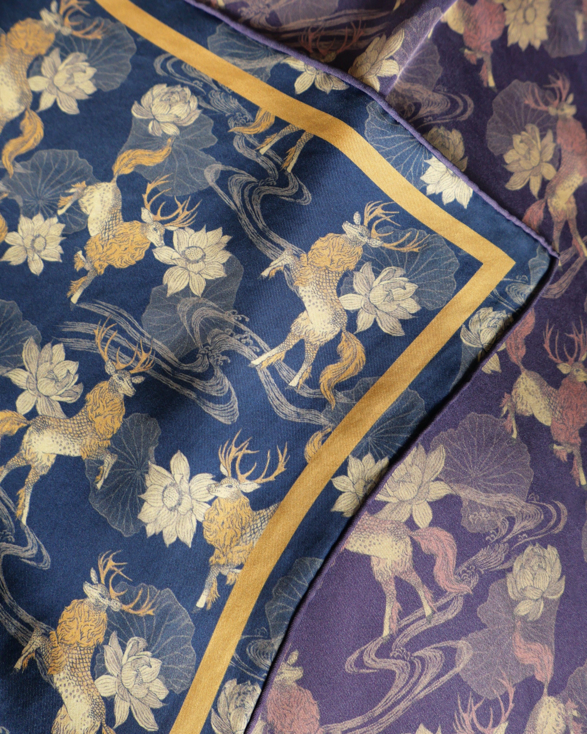 Qiling Regal Twilight reversible silk scarf draped — Studio Qiling hand-drawn Qilin motif luxury square scarf Singapore