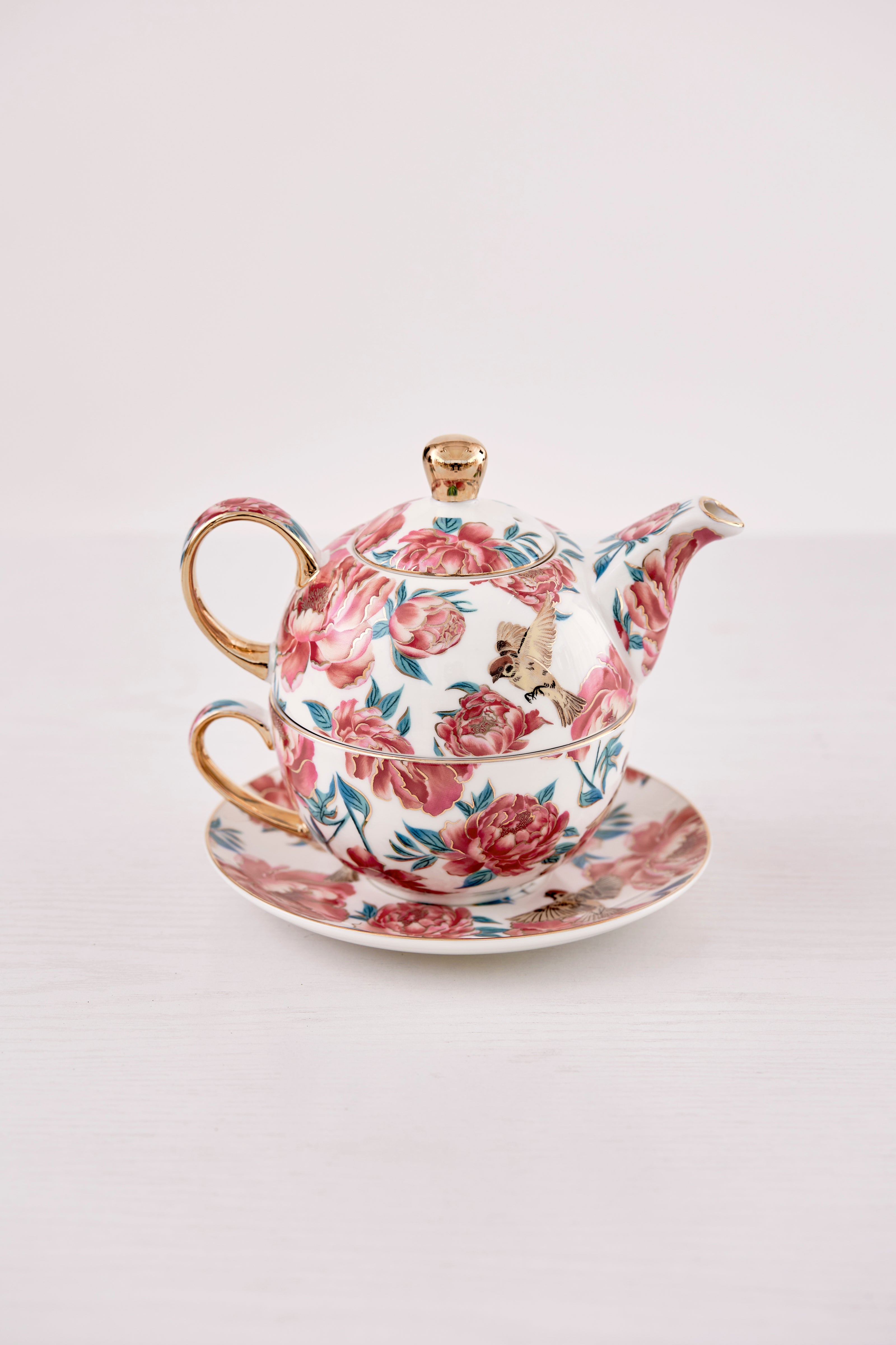 Premium porcelain teapot and cup set with custom peony print, luxury Mid-Autumn Festival corporate gift by Studio Qiling