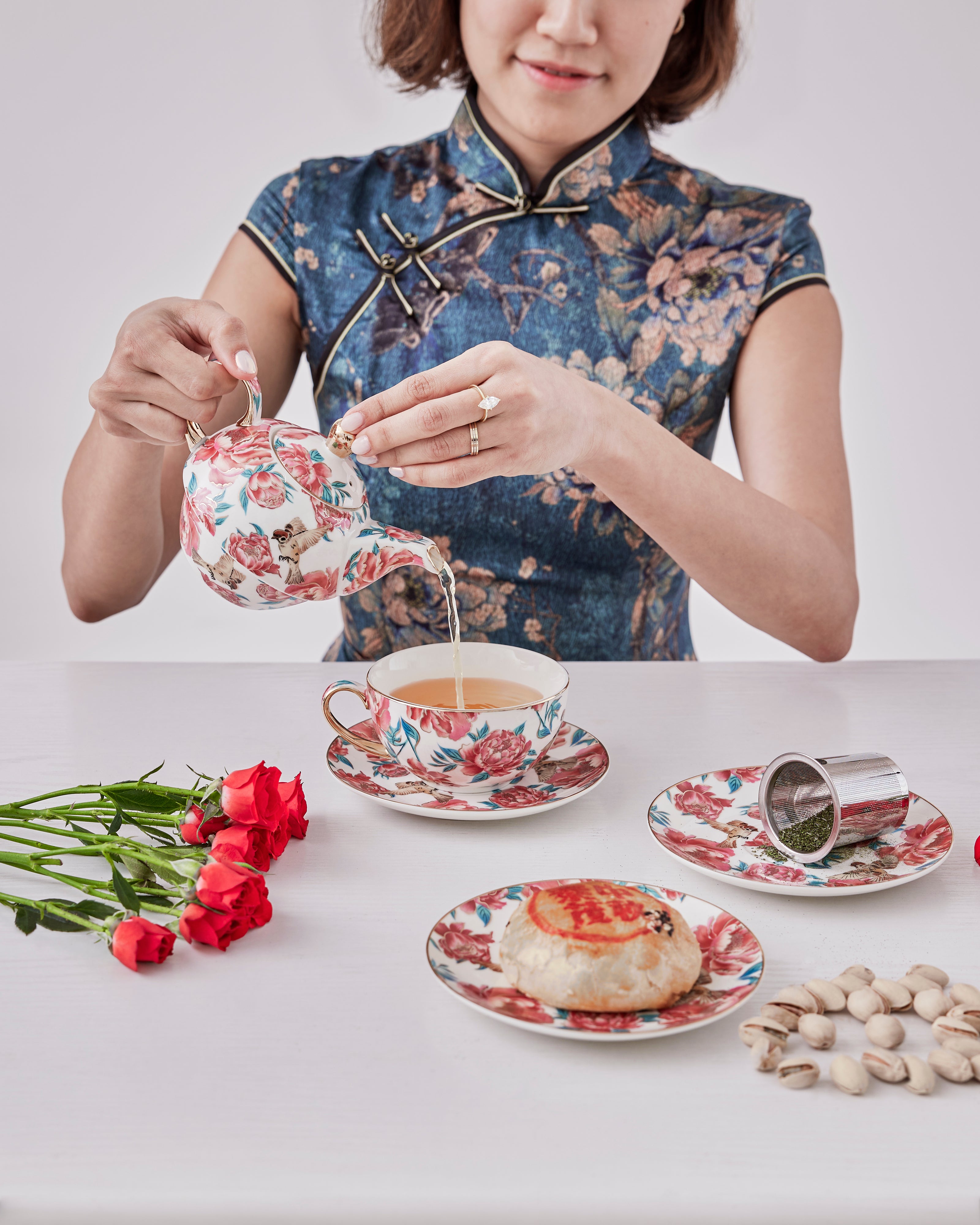 Custom porcelain tea set with peonies and sparrows print with matching gift box, Mid-Autumn corporate gift by Studio Qiling for Resorts World Sentosa (RWS)