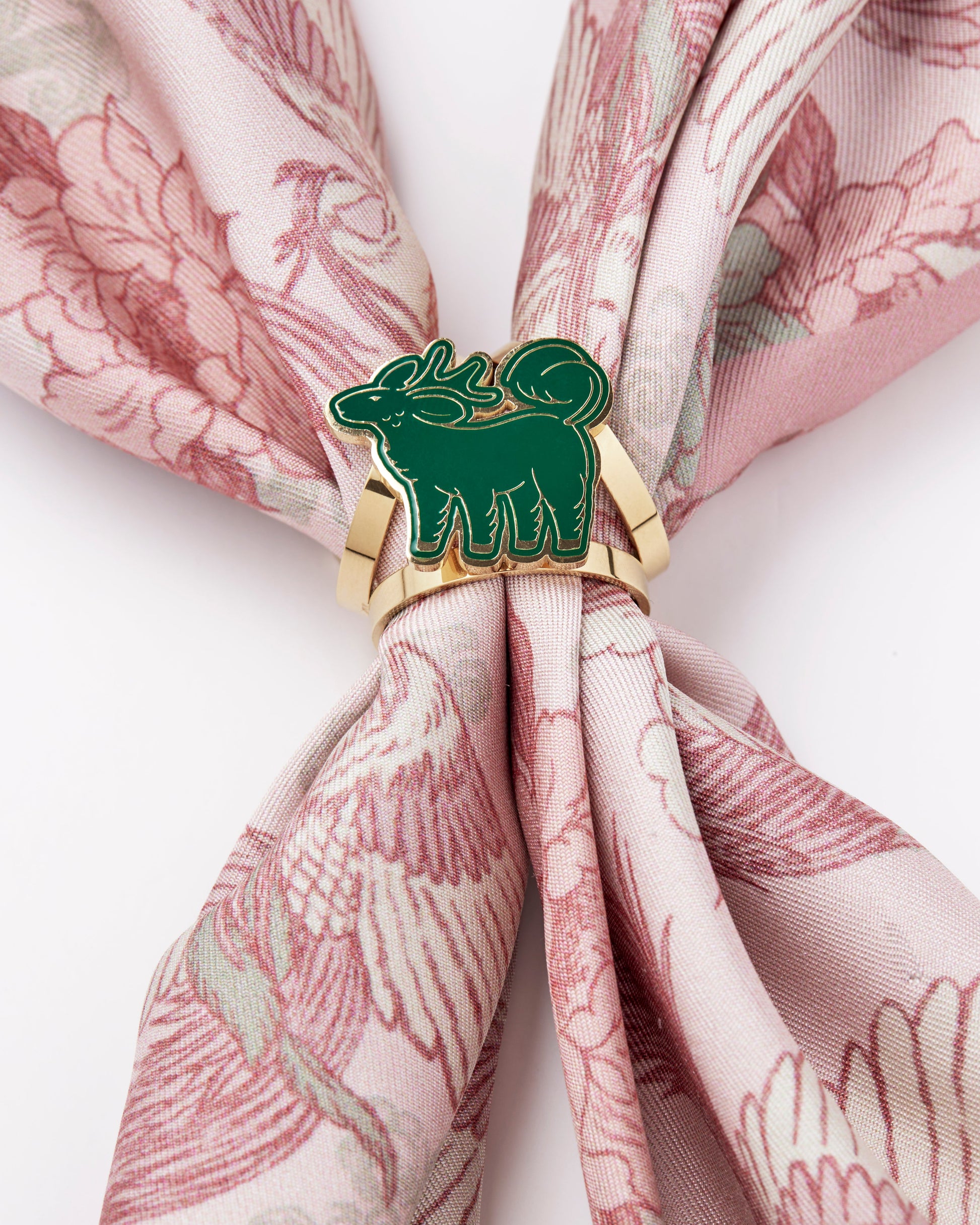 Rose Vert Qiling Duo gold scarf ring styled with a silk scarf — Studio Qiling luxury scarf accessory Singapore