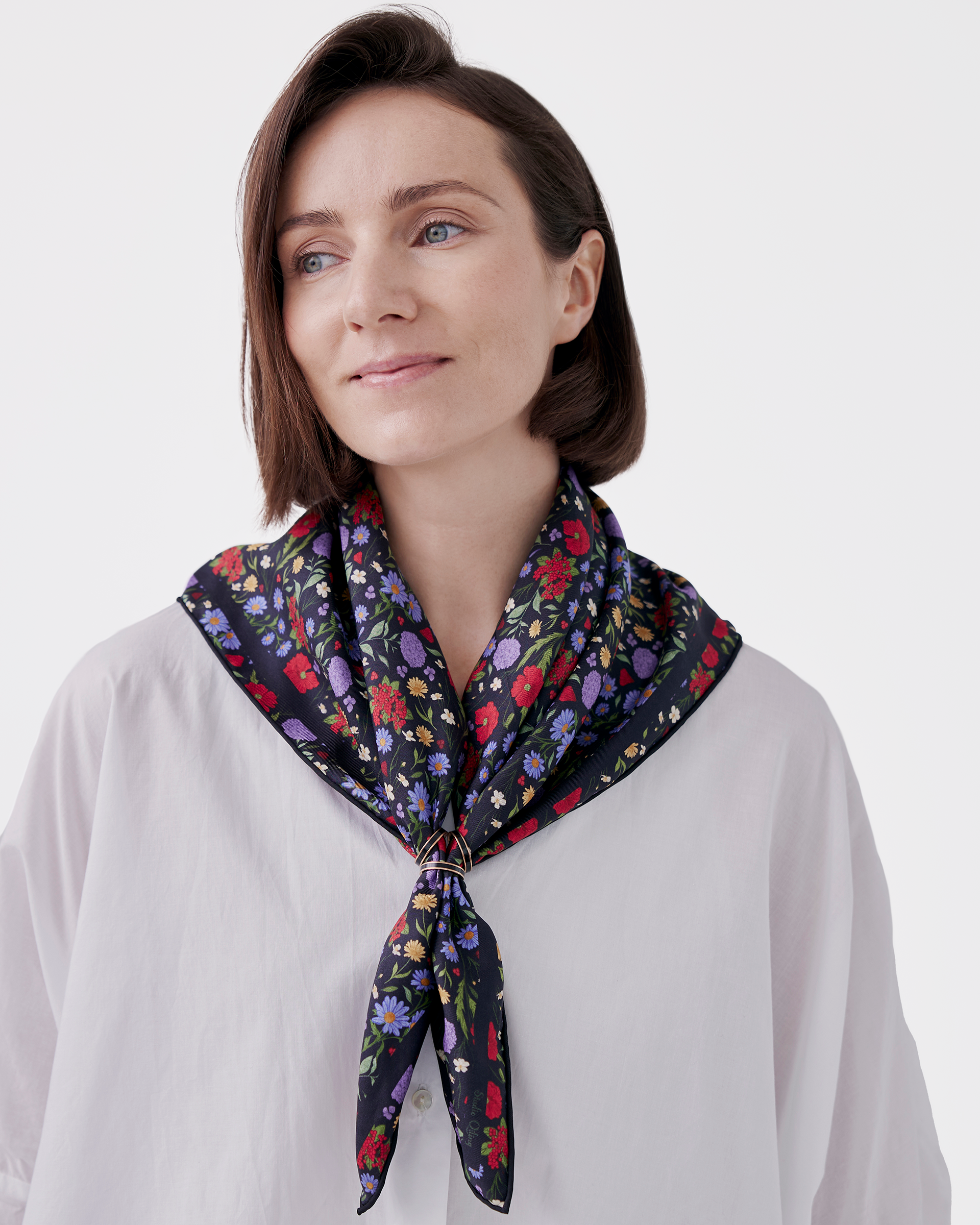 Rustic Bloom Caviar Navy double-sided 65cm silk scarf with hand-drawn wild floral bouquet — Studio Qiling luxury artist print scarf Singapore