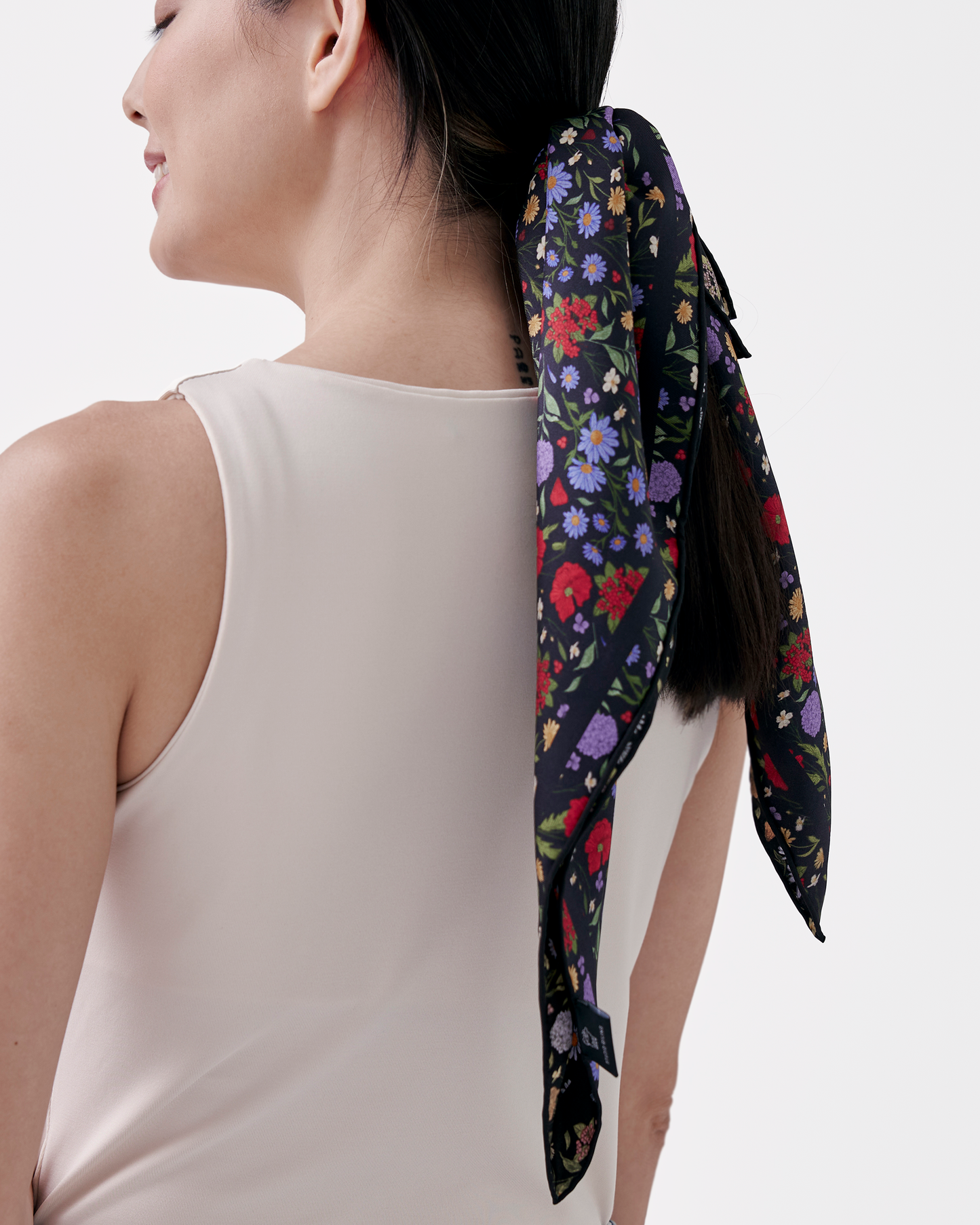 Rustic Bloom Caviar Navy double-sided silk scarf styled as a headscarf — Studio Qiling wearable art luxury scarf Singapore