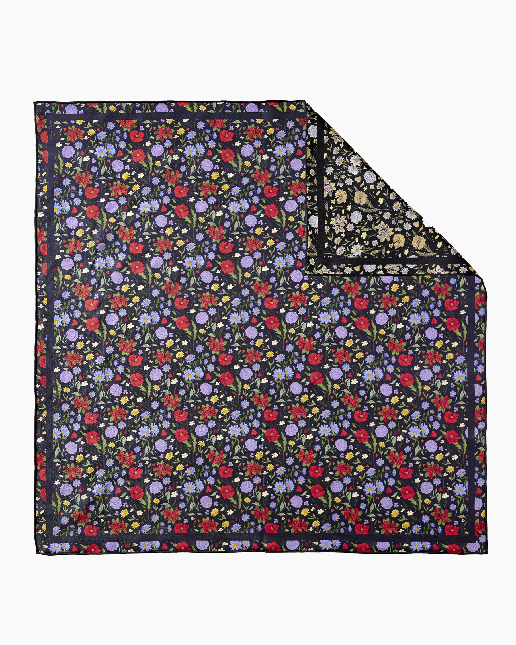 Close-up of hand-drawn wild floral print on Rustic Bloom Caviar Navy reversible silk scarf — Studio Qiling Singapore