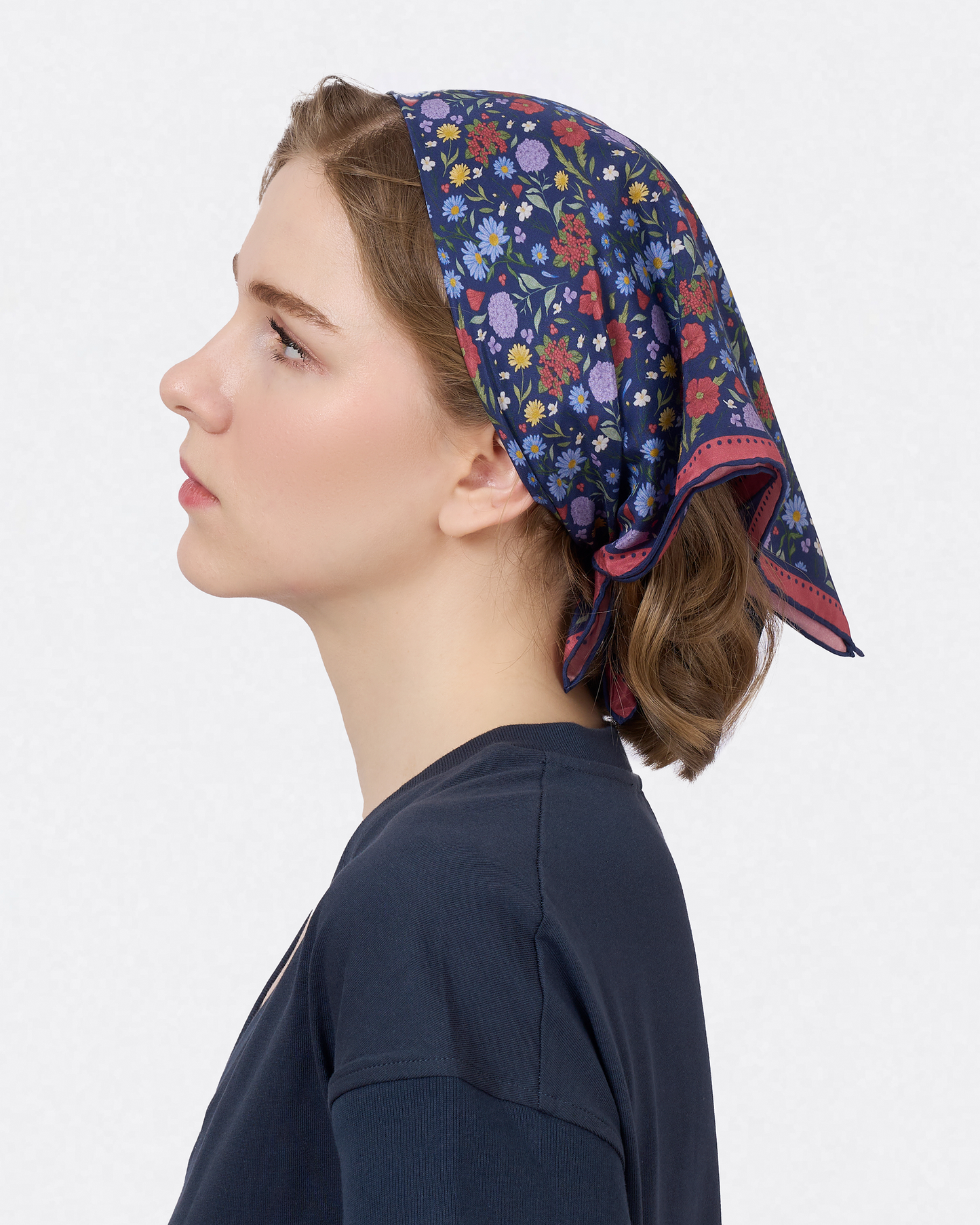 Rustic Bloom Navy silk-cotton bandana with hand-drawn wild floral bouquet — Studio Qiling luxury print bandana Singapore