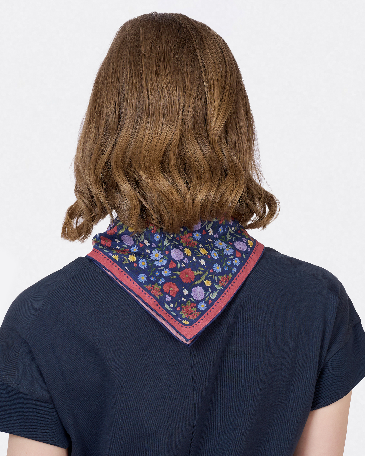 Rustic Bloom Navy silk-cotton bandana worn as a headband — Studio Qiling hand-drawn wild florals bandana Singapore