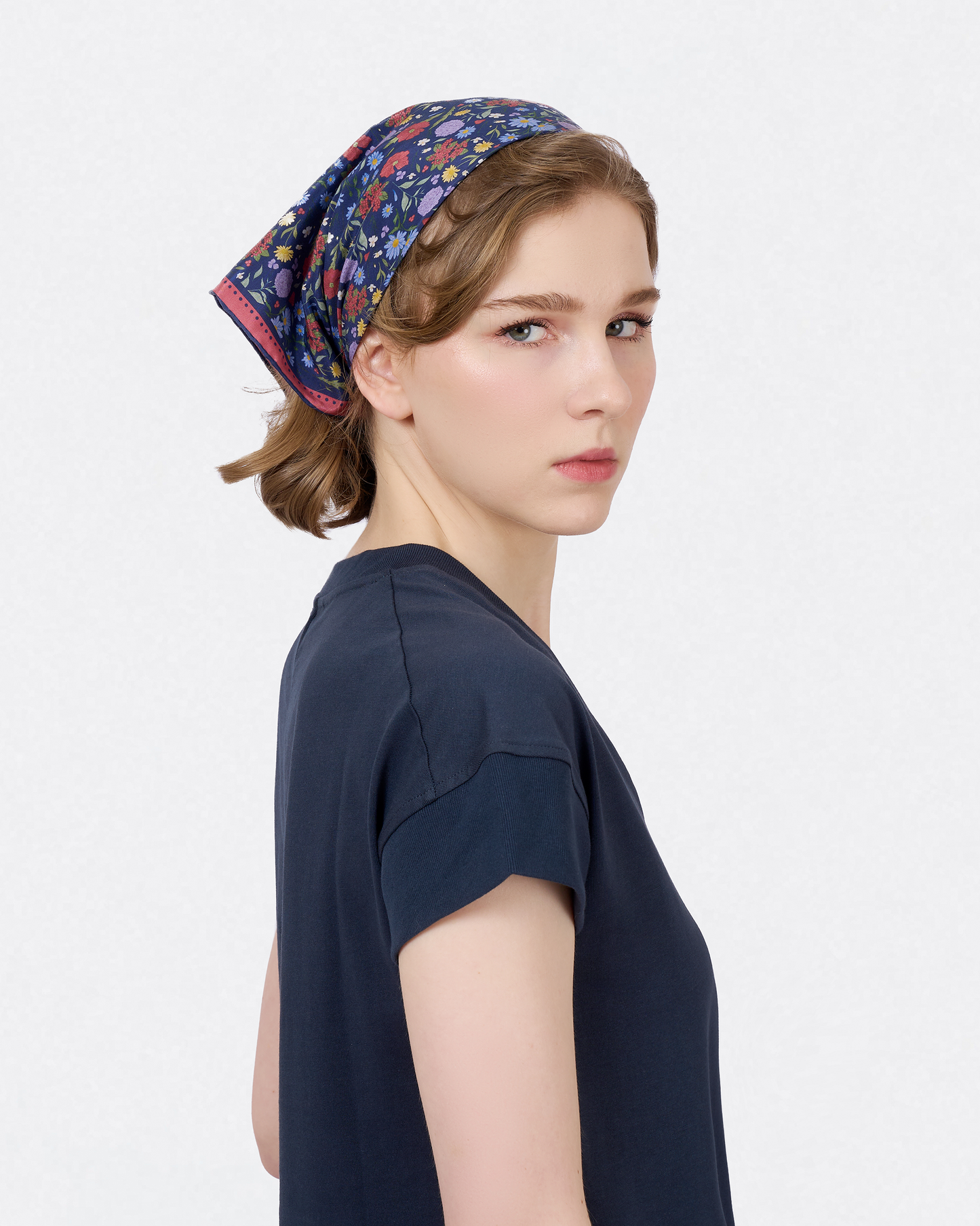 Close-up of hand-drawn wild floral bouquet on the Rustic Bloom Navy silk-cotton bandana — Studio Qiling Singapore