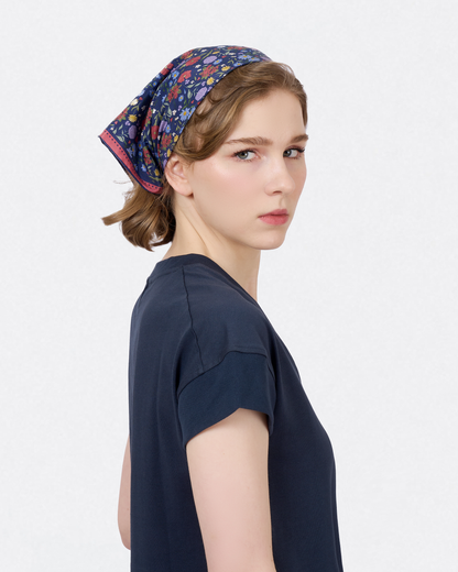 Close-up of hand-drawn wild floral bouquet on the Rustic Bloom Navy silk-cotton bandana — Studio Qiling Singapore