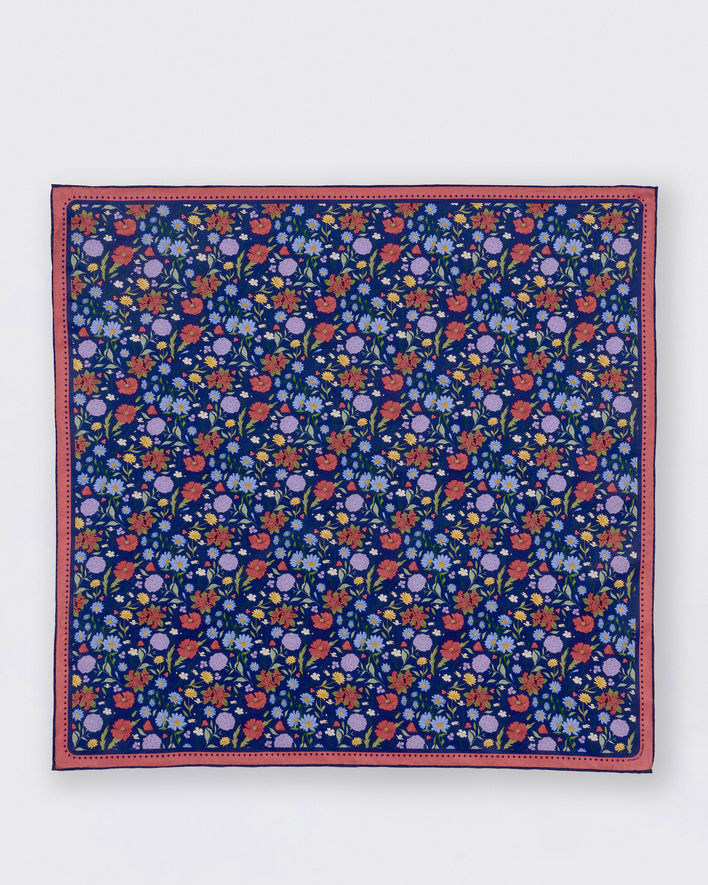 Rustic Bloom Navy silk-cotton bandana laid flat showing the full print — Studio Qiling luxury print bandana Singapore
