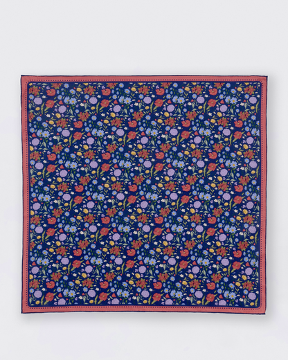 Rustic Bloom Navy silk-cotton bandana laid flat showing the full print — Studio Qiling luxury print bandana Singapore