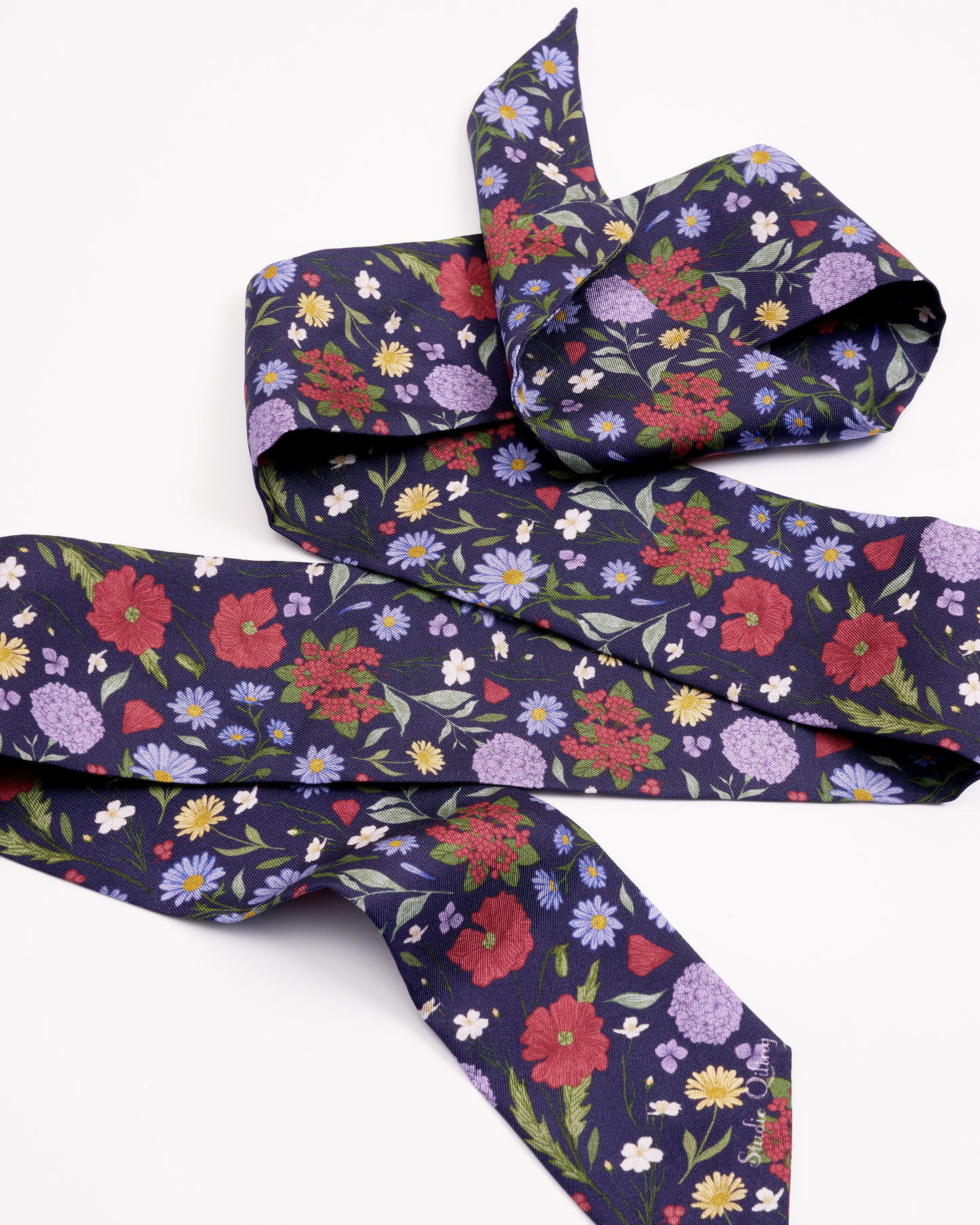 Woman wearing Rustic Bloom silk bandeau as a neck scarf — Studio Qiling hand-drawn floral luxury silk bandeau Singapore