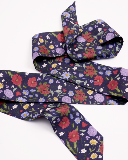 Woman wearing Rustic Bloom silk bandeau as a neck scarf — Studio Qiling hand-drawn floral luxury silk bandeau Singapore