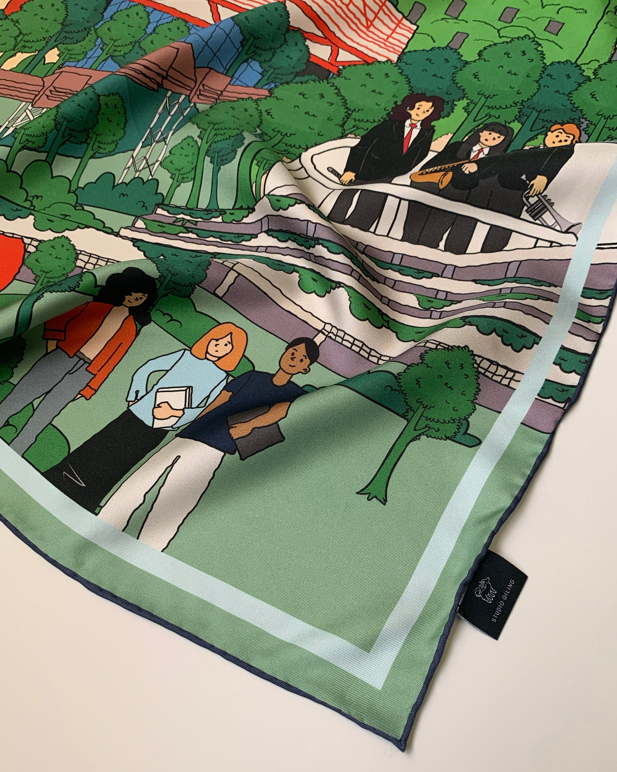 Custom silk scarf with hand-drawn campus illustration presented as a corporate gift for Singapore Institute of Technology (SIT)