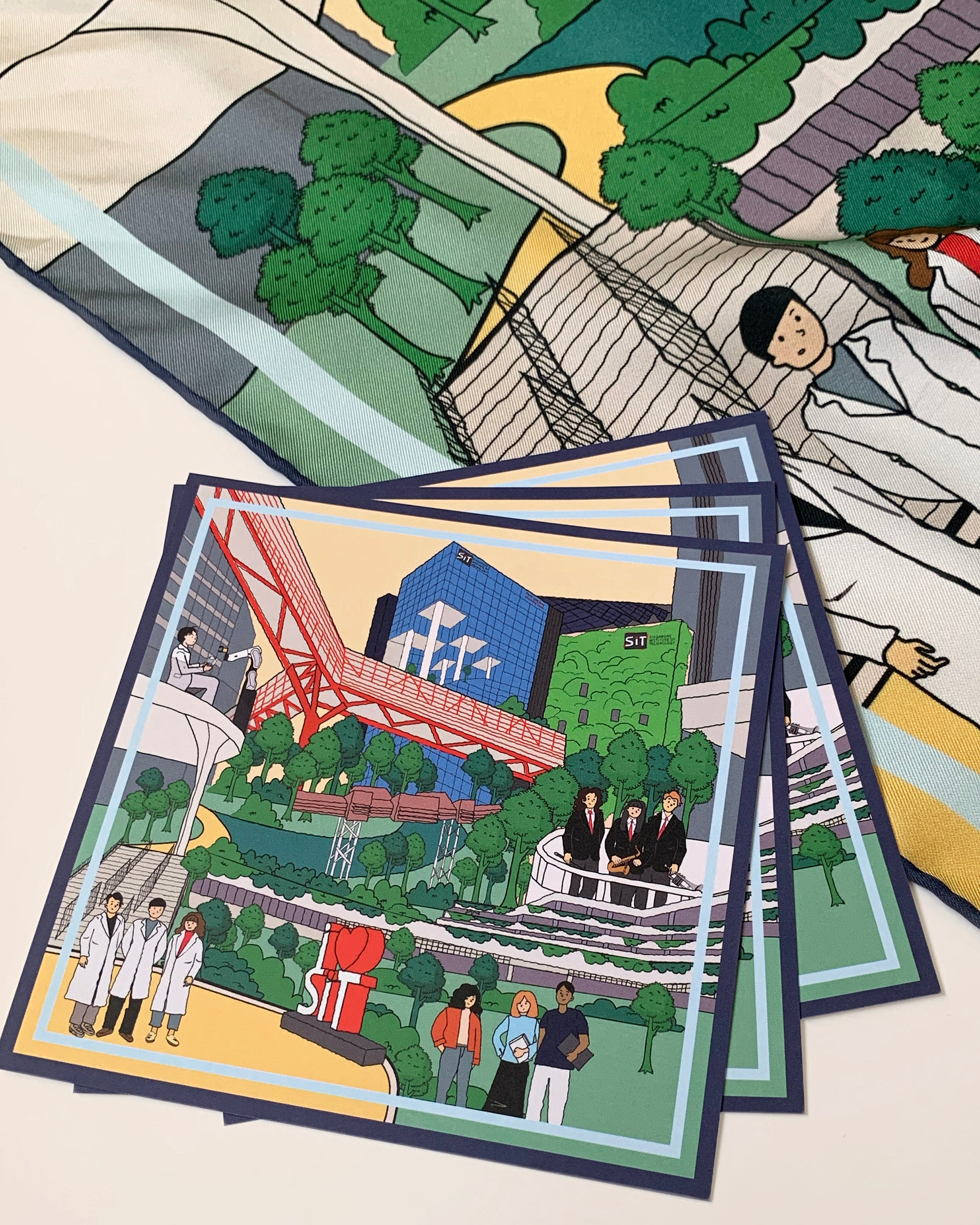 Customised silk scarf featuring bespoke SIT campus artwork, premium corporate gift by Studio Qiling