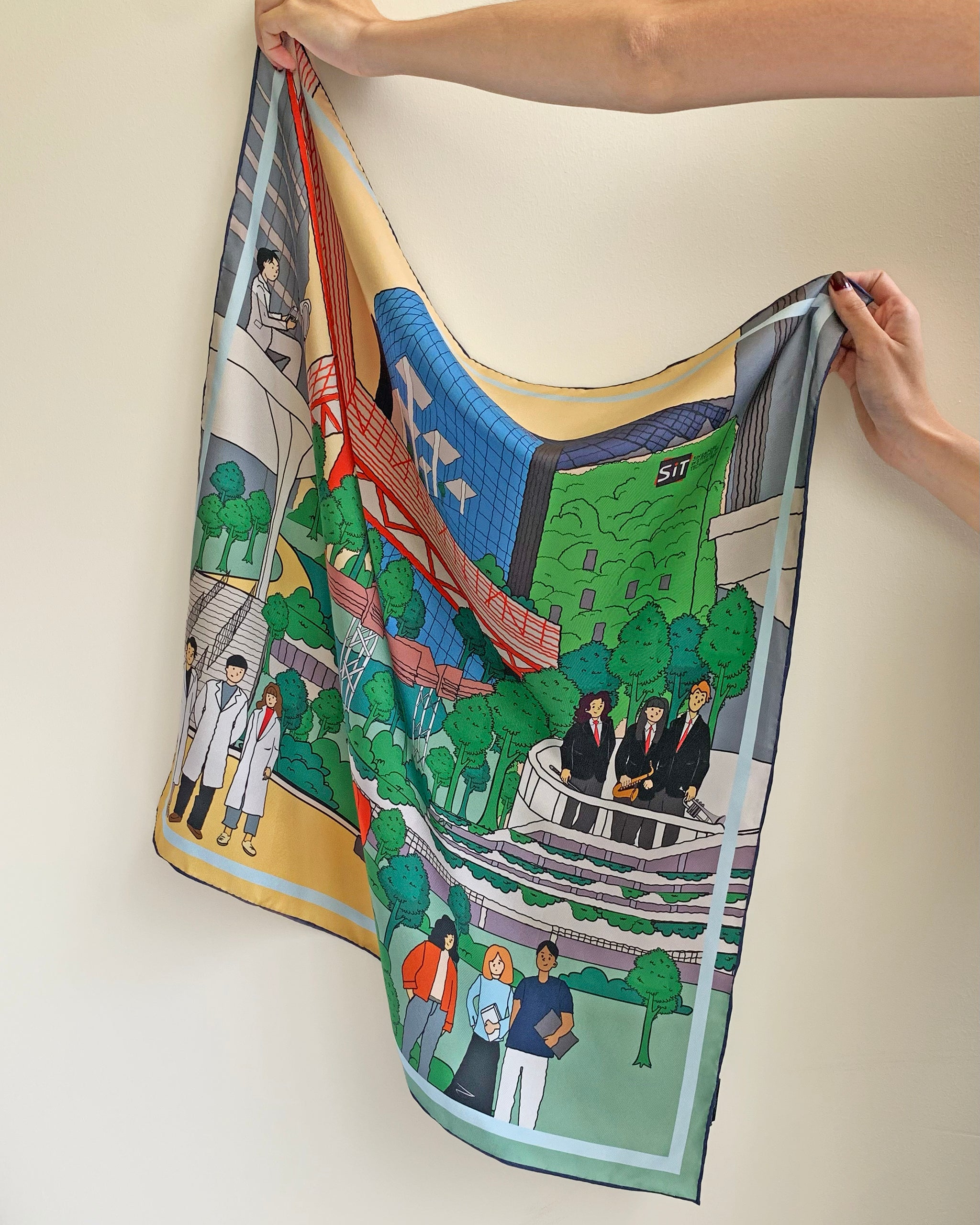 100% silk scarf with customised SIT campus print, a luxury corporate gift by Studio Qiling