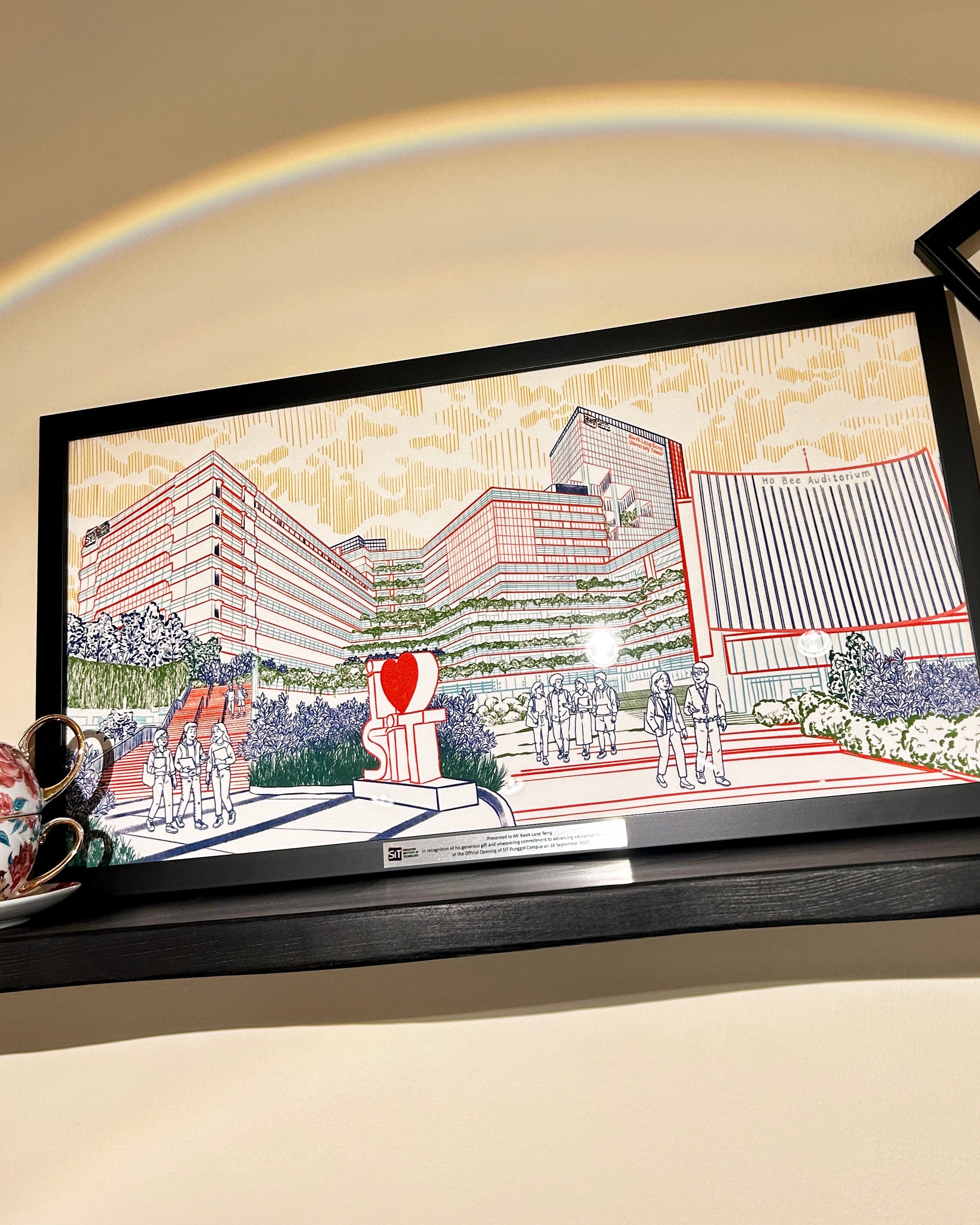 Framed silk art piece featuring hand-drawn SIT campus print, premium corporate appreciation gift by Studio Qiling