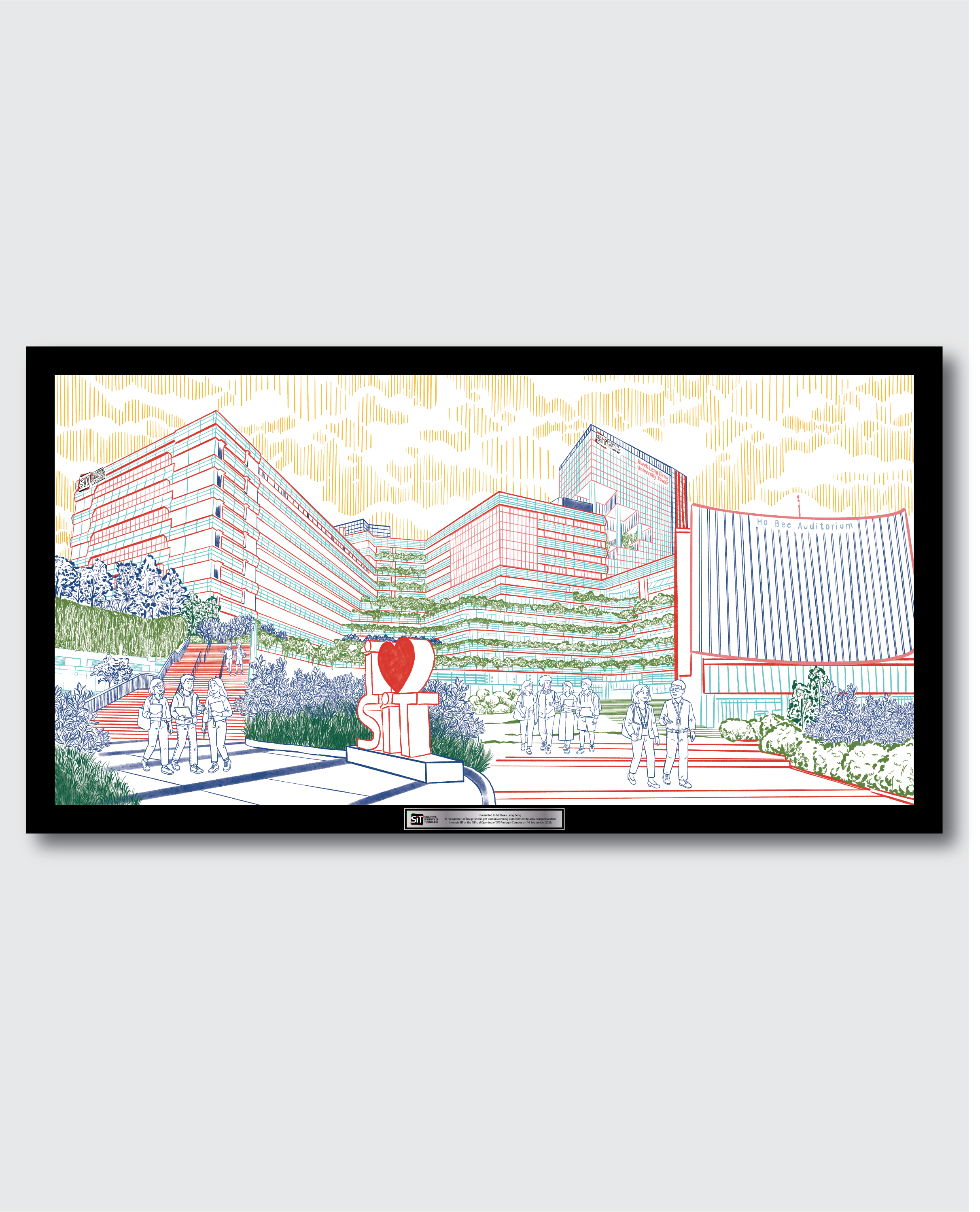Close-up of customised SIT campus artwork printed on silk and framed, a luxury donor gift by Studio Qiling