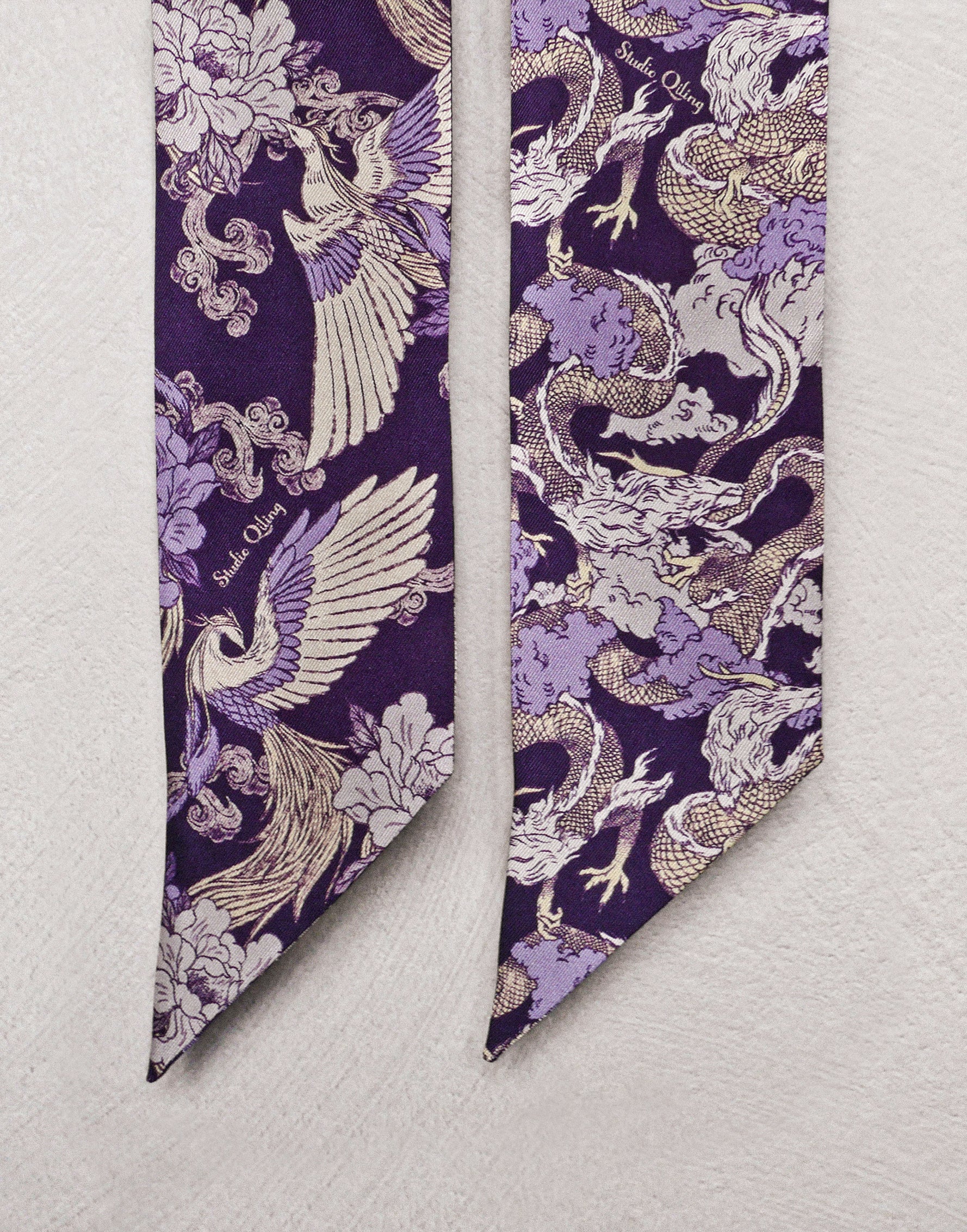 100% silk bandeau with hand-drawn Dragon and Phoenix print, bespoke Samsung launch gift by Studio Qiling