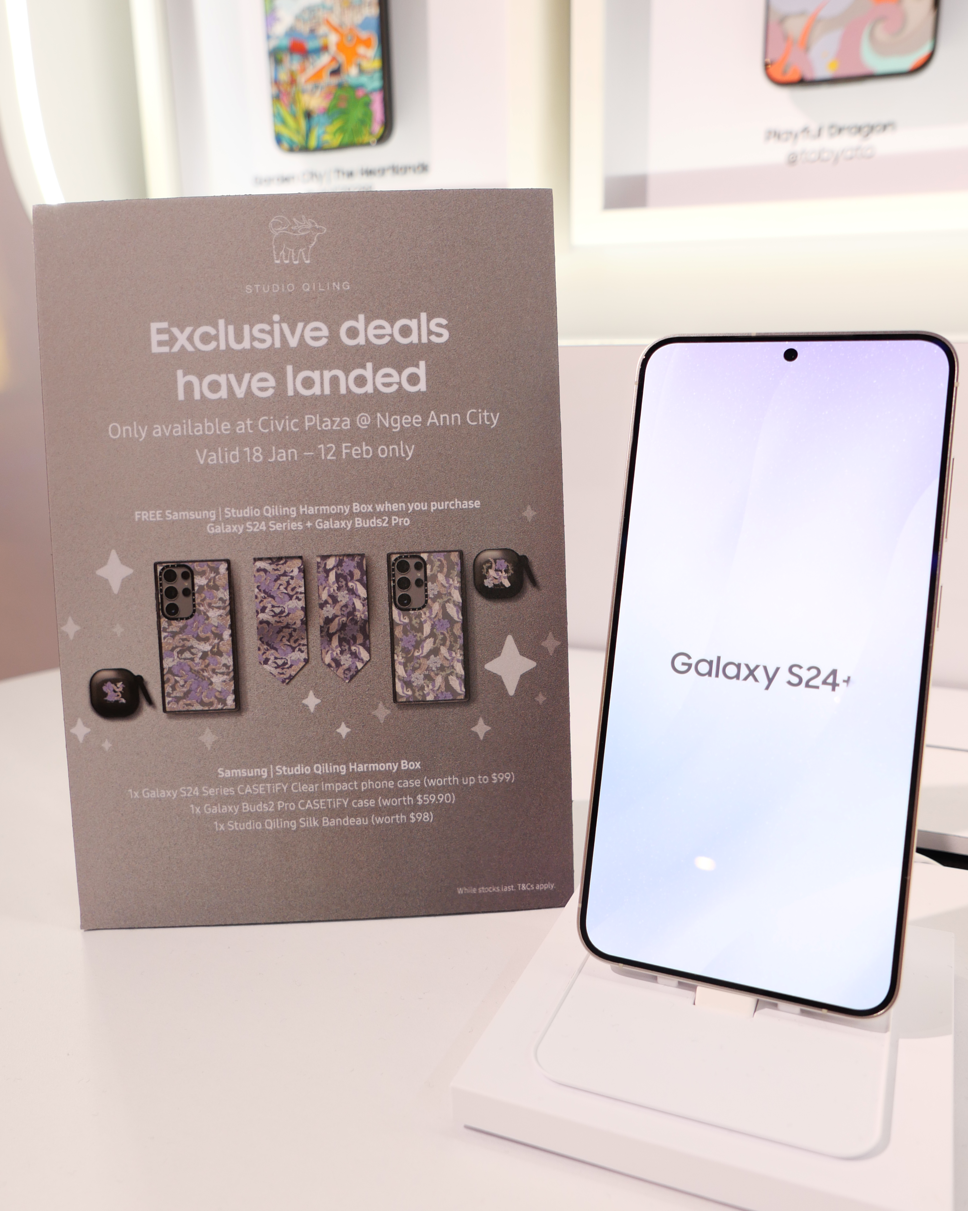 Studio Qiling gift-with-purchase set for the Samsung Galaxy S24+ launch, custom Dragon and Phoenix silk and tech accessories
