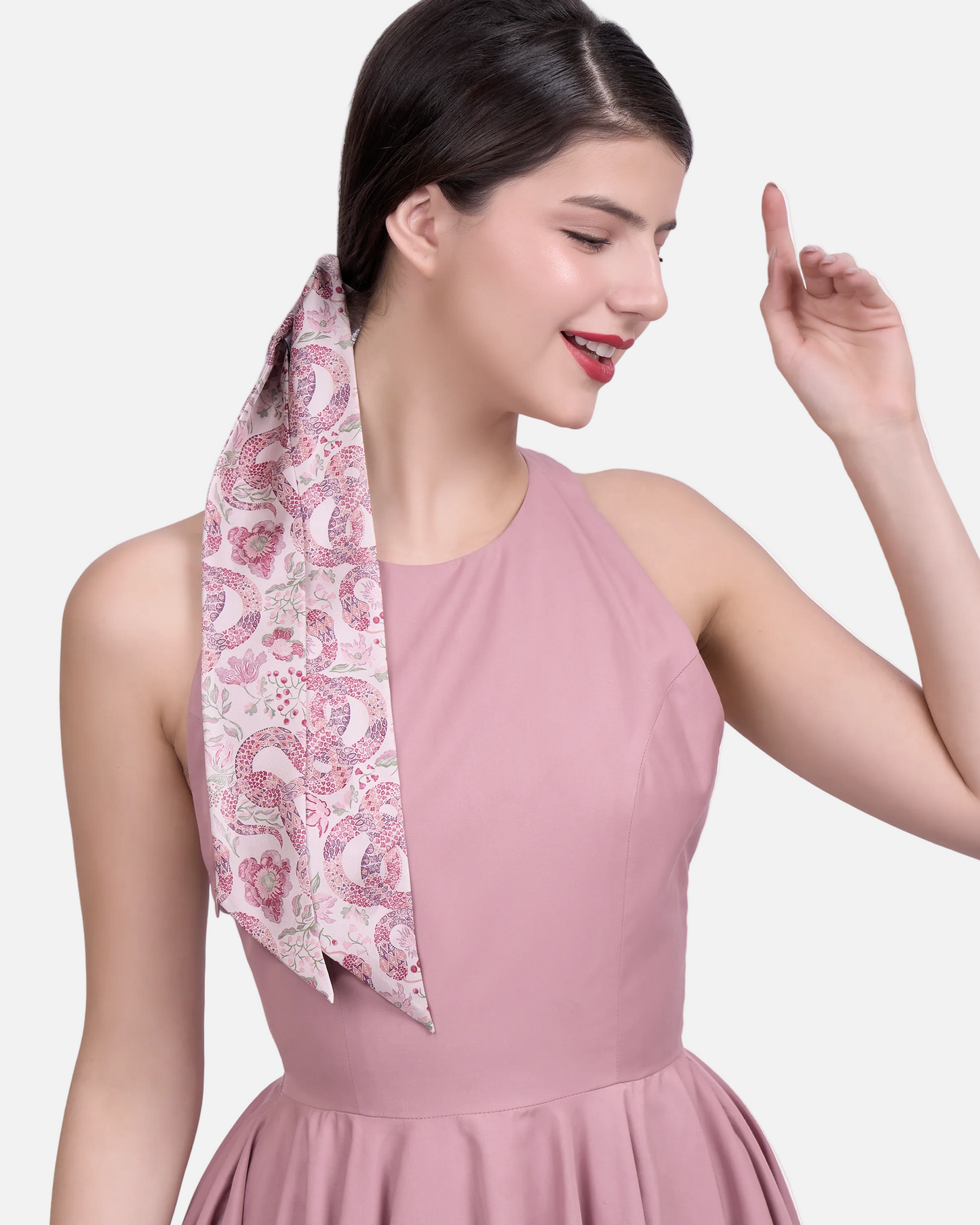 Serpentine Blossom silk bandeau with hand-drawn celestial serpent through enchanted blooms — Studio Qiling luxury silk hair scarf Singapore