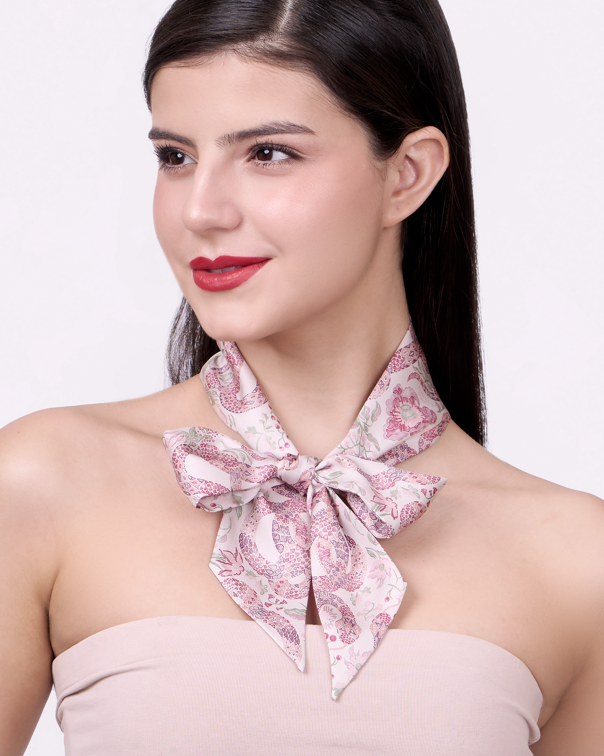 Serpentine Blossom silk bandeau styled as a neck scarf — Studio Qiling wearable art luxury silk bandeau Singapore