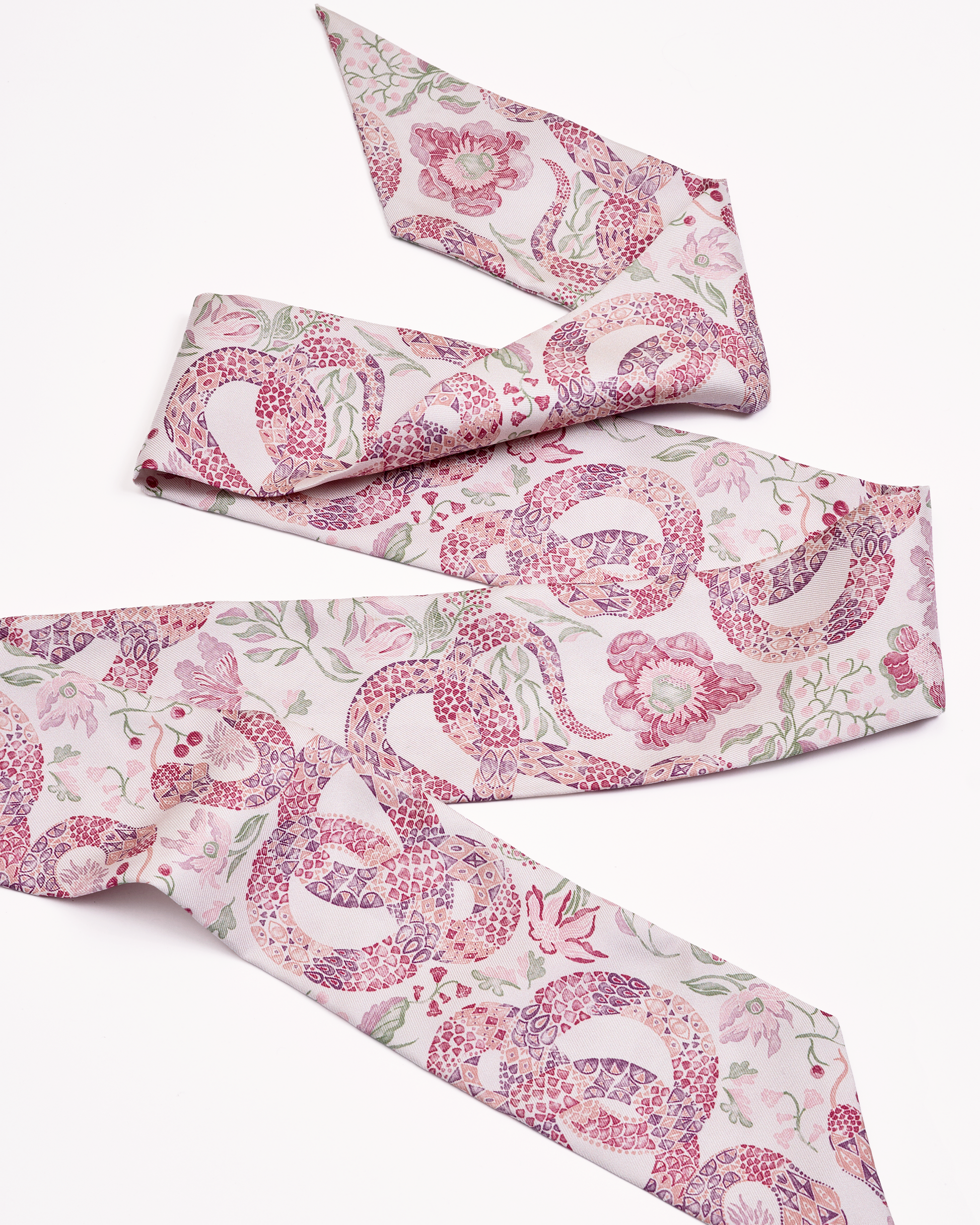 Serpentine Blossom silk bandeau laid flat — Studio Qiling hand-drawn serpentine print luxury silk hair accessory Singapore
