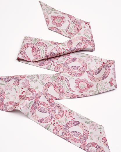 Serpentine Blossom silk bandeau laid flat — Studio Qiling hand-drawn serpentine print luxury silk hair accessory Singapore