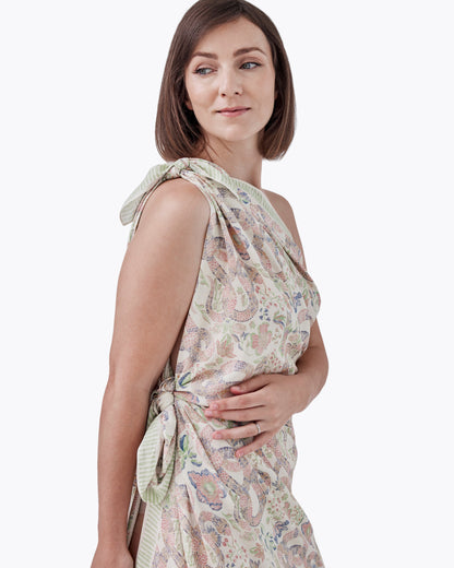 Serpentine Spring pareo with hand-drawn celestial serpent through enchanted blooms — Studio Qiling luxury beach wrap Singapore