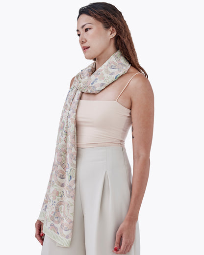 Woman wearing Serpentine Spring pareo as a halter dress — Studio Qiling hand-drawn mythical creature luxury pareo Singapore