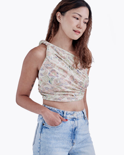Serpentine Spring pareo styled as a sarong skirt — Studio Qiling wearable art luxury beach wrap Singapore