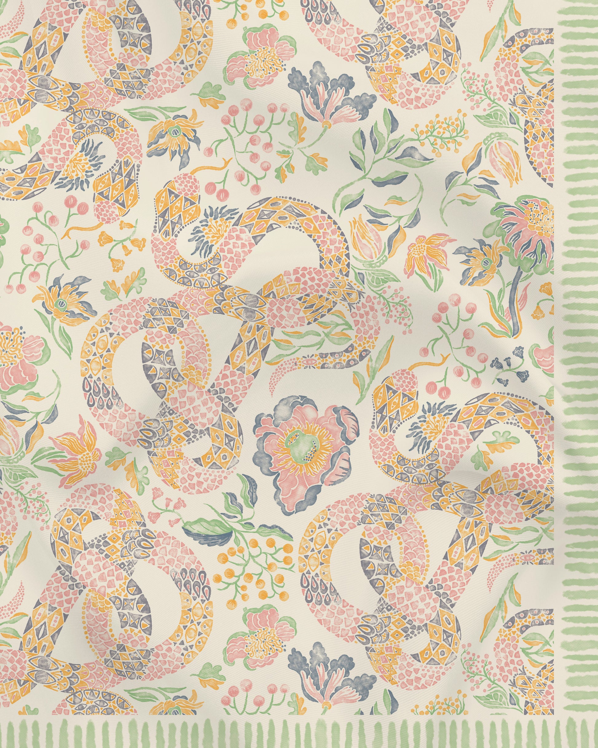 Serpentine Spring pareo laid flat — Studio Qiling hand-drawn mythical creature luxury beach wrap Singapore