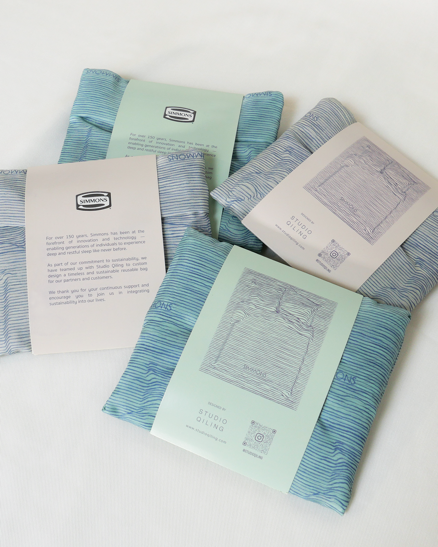 Recycled polyester shopping bag with bespoke 3D bed print, eco-friendly corporate gift by Studio Qiling for Simmons Bedding