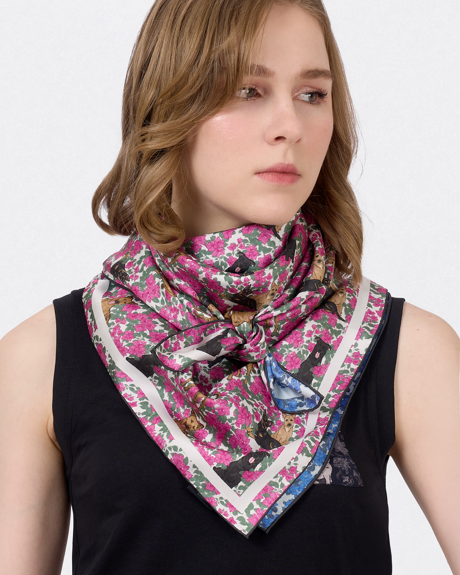 Singapore Special Harbour Magenta reversible silk scarf styled as a neck scarf — Studio Qiling hand-drawn Singapore Special dog wearable art Singapore