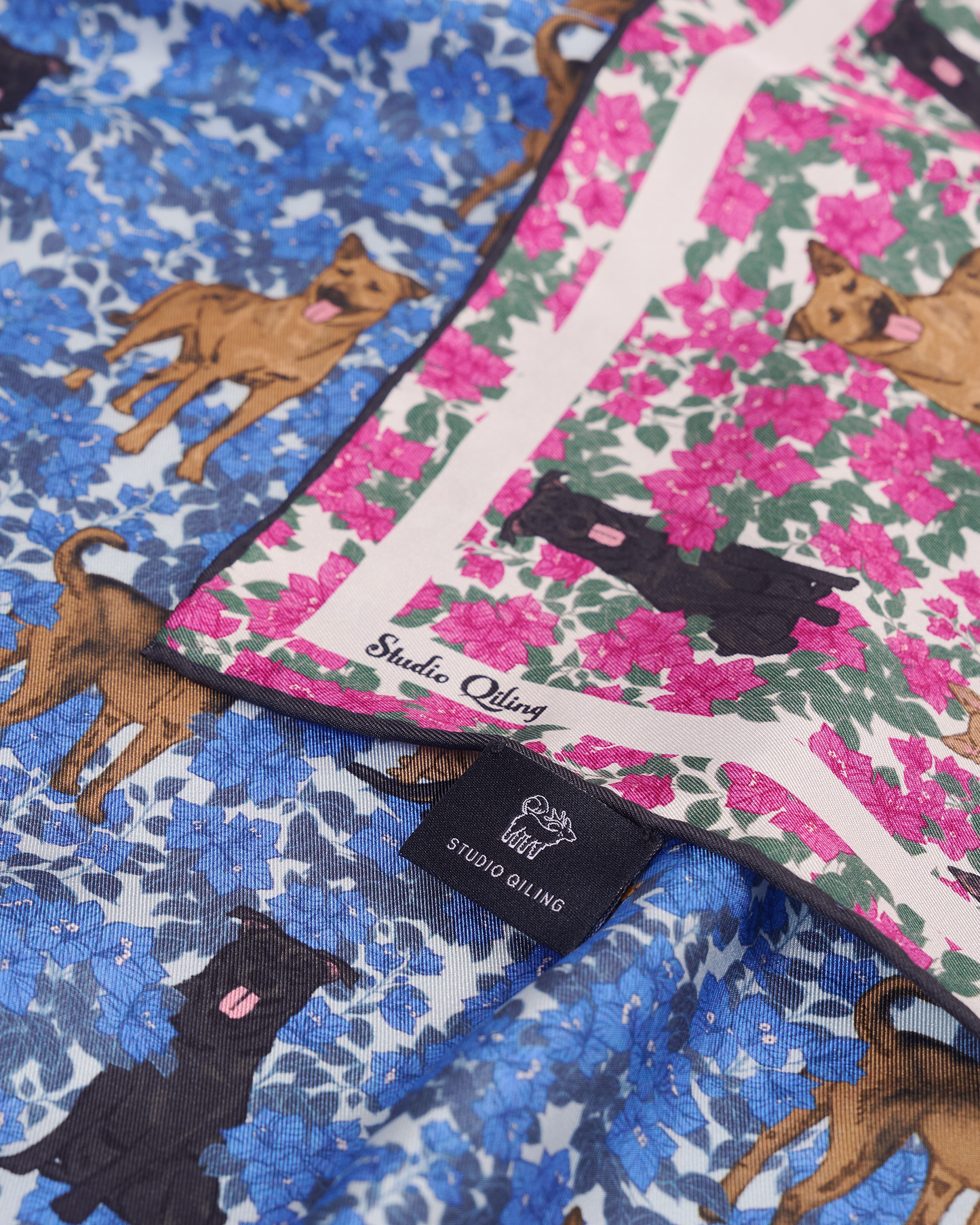 Singapore Special Harbour Magenta 100cm silk scarf worn as a headscarf — Studio Qiling hand-drawn Singapore Special dog luxury scarf Singapore