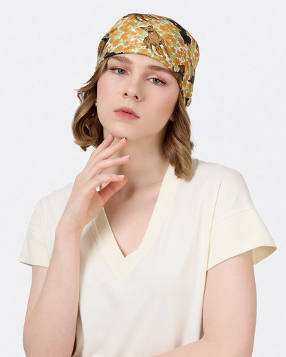 Singapore Special Lilac Summer double-sided 65cm silk scarf with hand-drawn Singapore Special dog and bougainvillea — Studio Qiling luxury print scarf Singapore