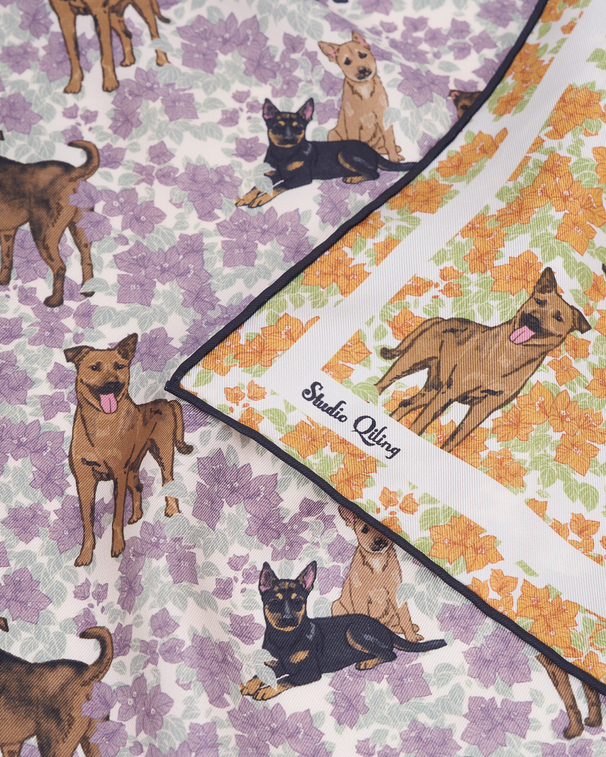 Singapore Special Lilac Summer reversible silk scarf styled as a neck scarf — Studio Qiling hand-drawn Singapore Special dog wearable art Singapore