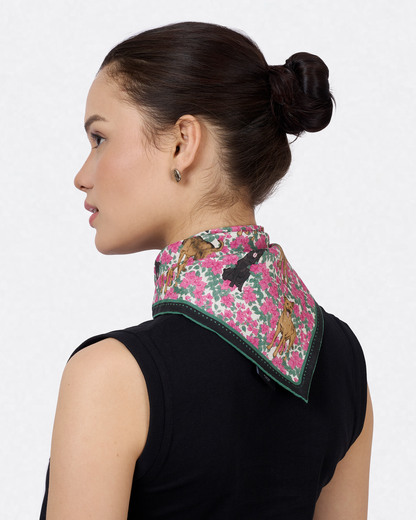 Singapore Special Magenta silk-cotton bandana with hand-drawn Singapore Special dog and bougainvillea — Studio Qiling luxury print bandana Singapore